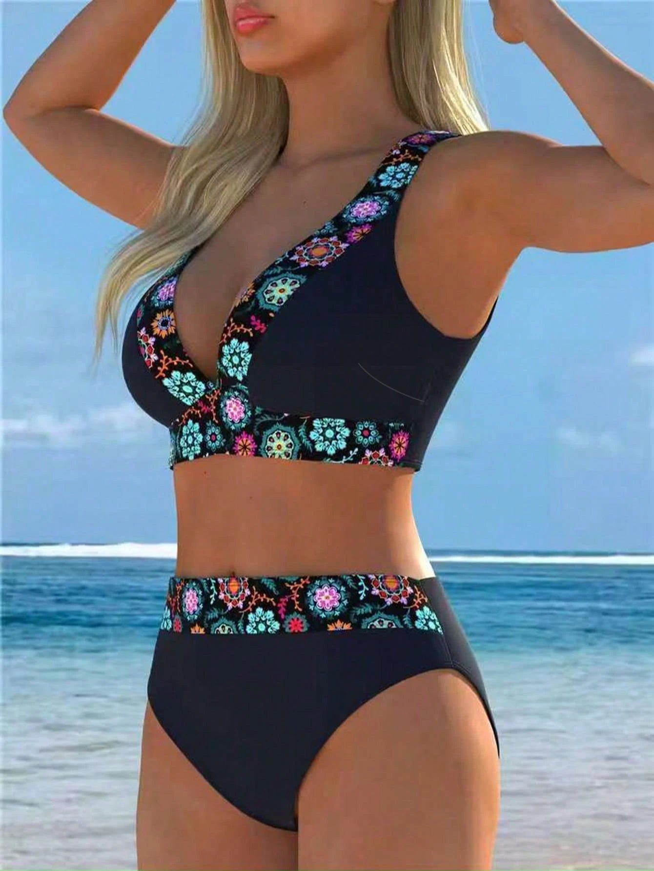 2026 New Women's Floral Trim Two Pieces Bikini Swimwear, Deep V-Neck