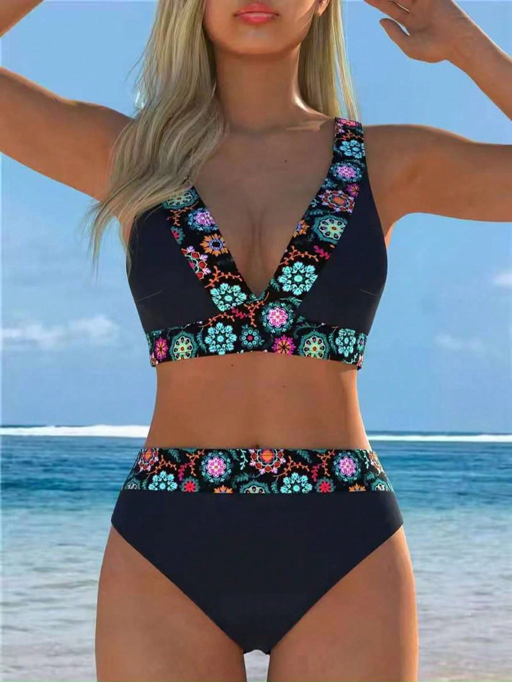 2026 New Women's Floral Trim Two Pieces Bikini Swimwear, Deep V-Neck
