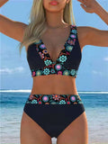2026 New Women's Floral Trim Two Pieces Bikini Swimwear, Deep V-Neck