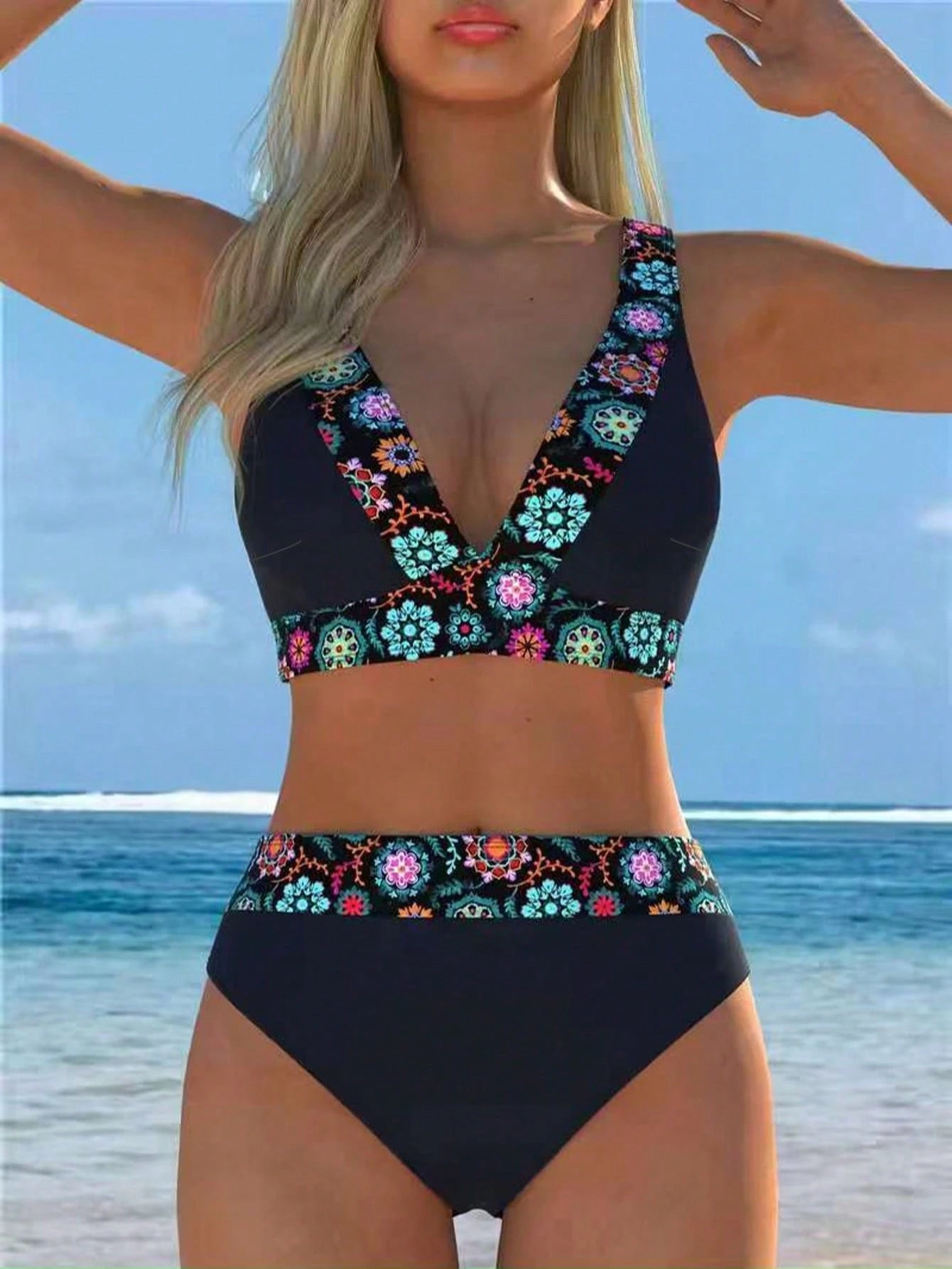 2026 New Women's Floral Trim Two Pieces Bikini Swimwear, Deep V-Neck