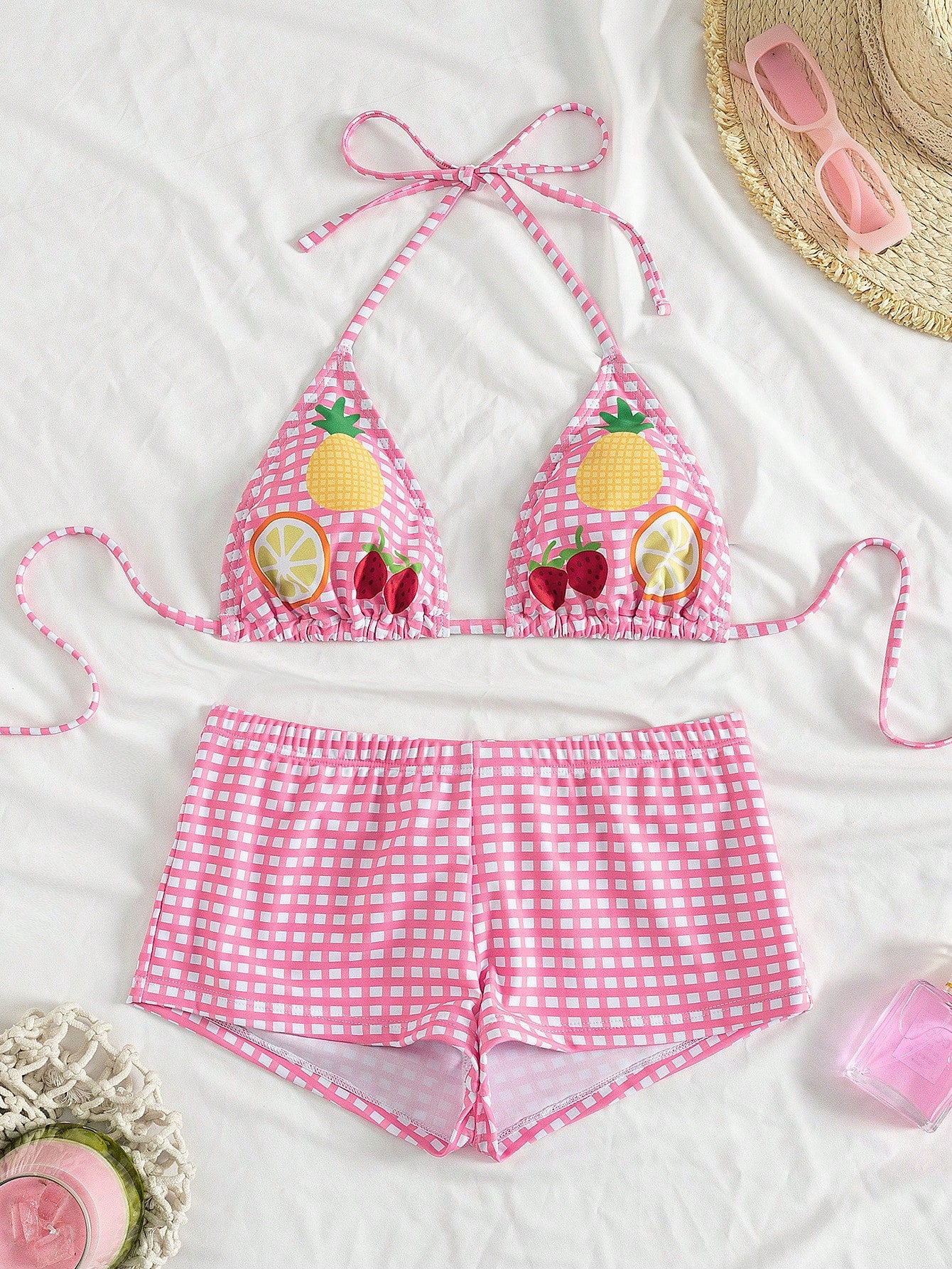 Swim Mod Fruit Print Halter Neck Backless Bikini & Plaid Shorts, 2pcs/Set Women Beach Swimsuit For Summer - image 2