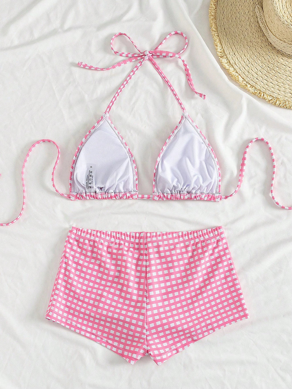 Swim Mod Fruit Print Halter Neck Backless Bikini & Plaid Shorts, 2pcs/Set Women Beach Swimsuit For Summer - image 8
