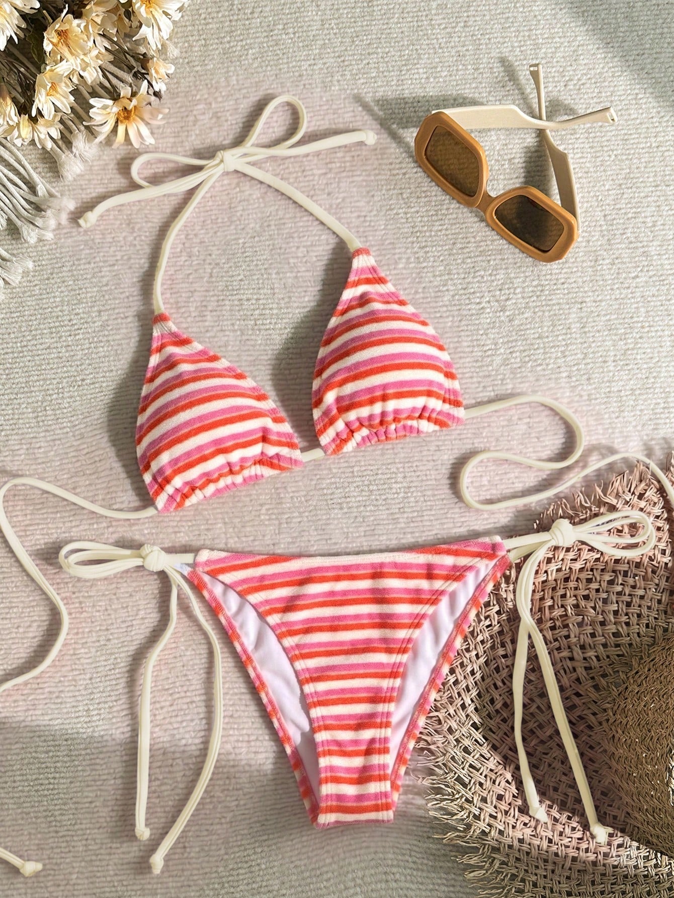 Swim Mod Cute Multicolor Women's Halter Tie Back Striped Bikini Set