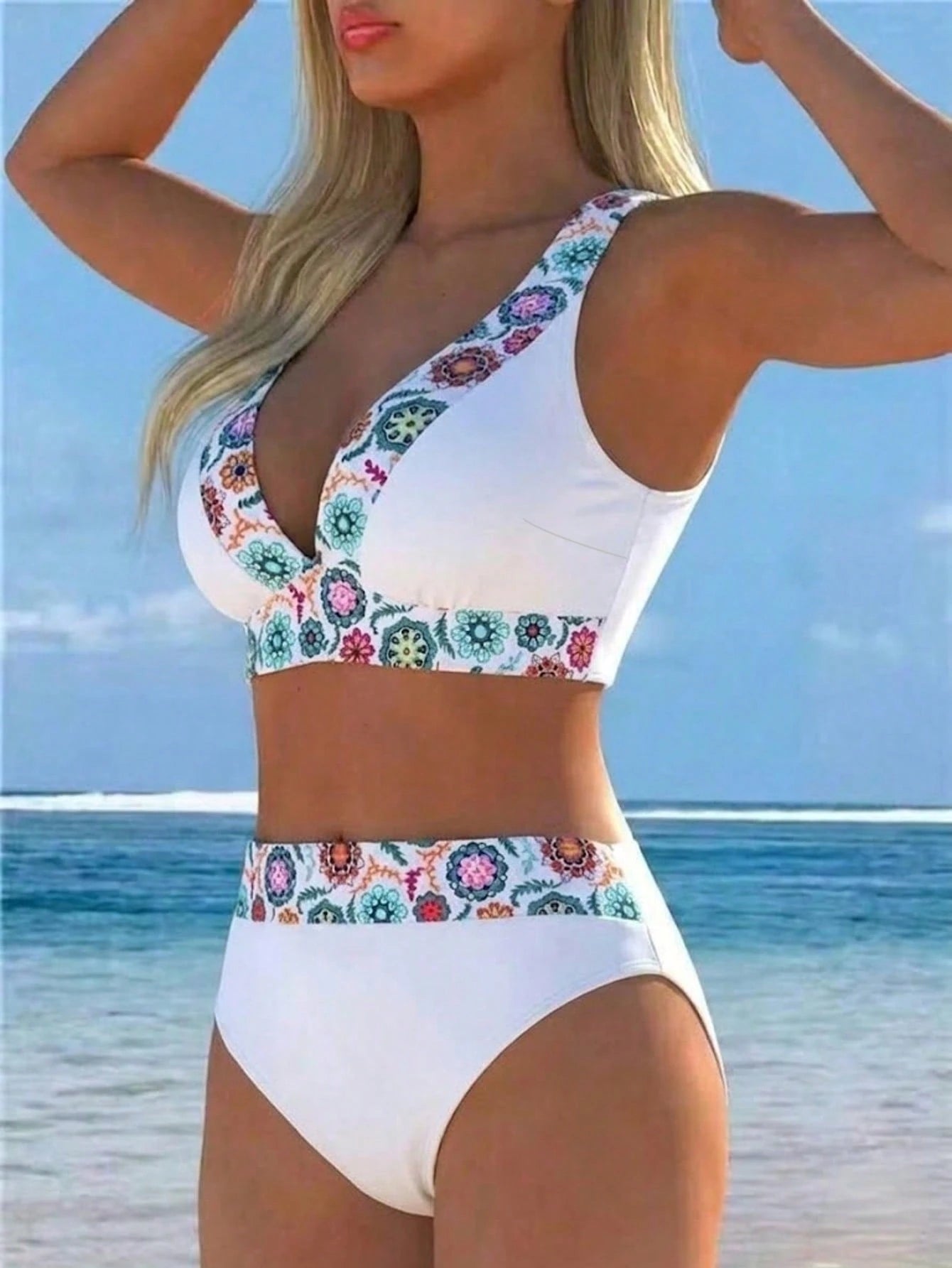 2026 New Women's Floral Trim Two Pieces Bikini Swimwear, Deep V-Neck
