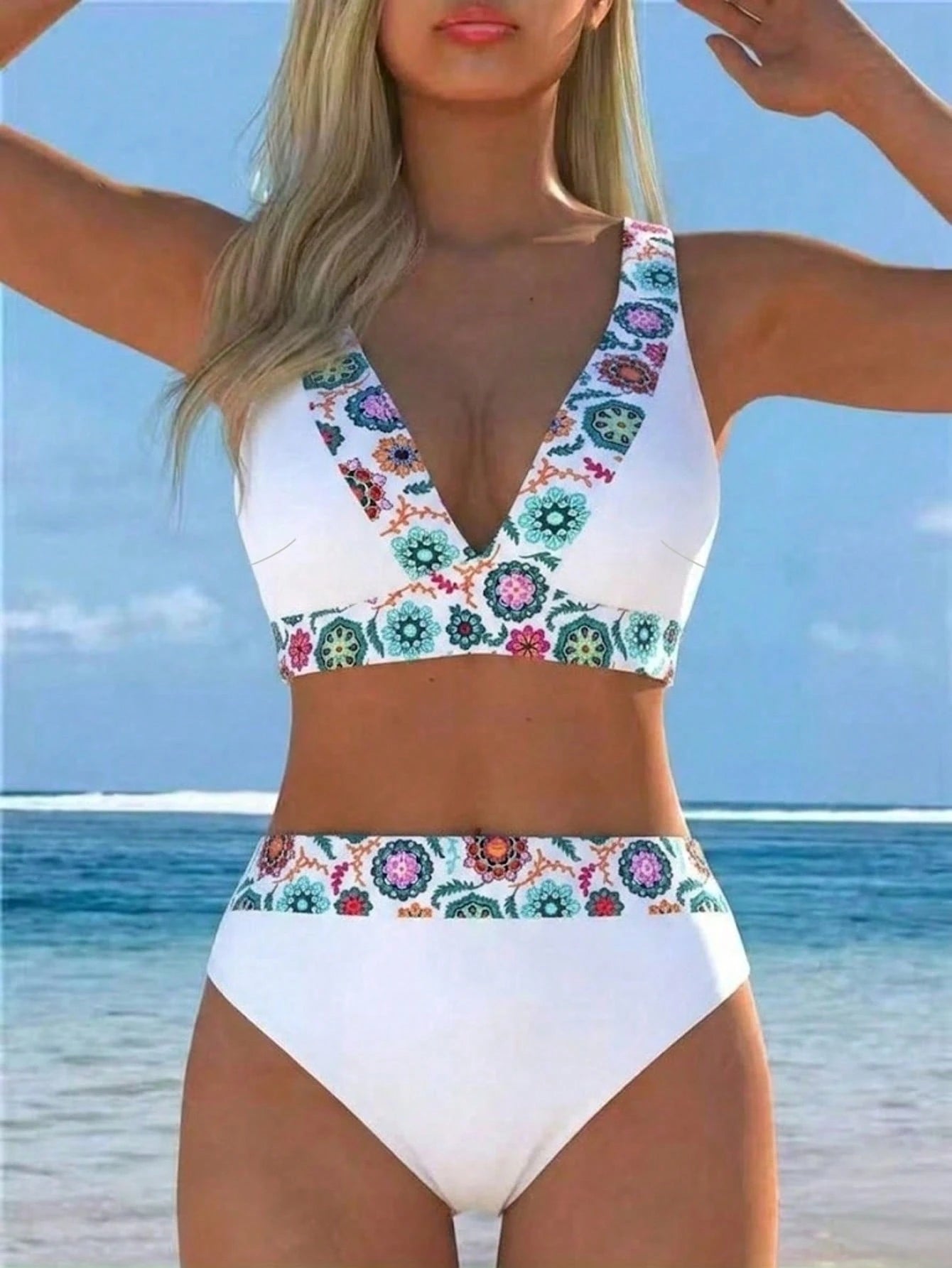 2026 New Women's Floral Trim Two Pieces Bikini Swimwear, Deep V-Neck