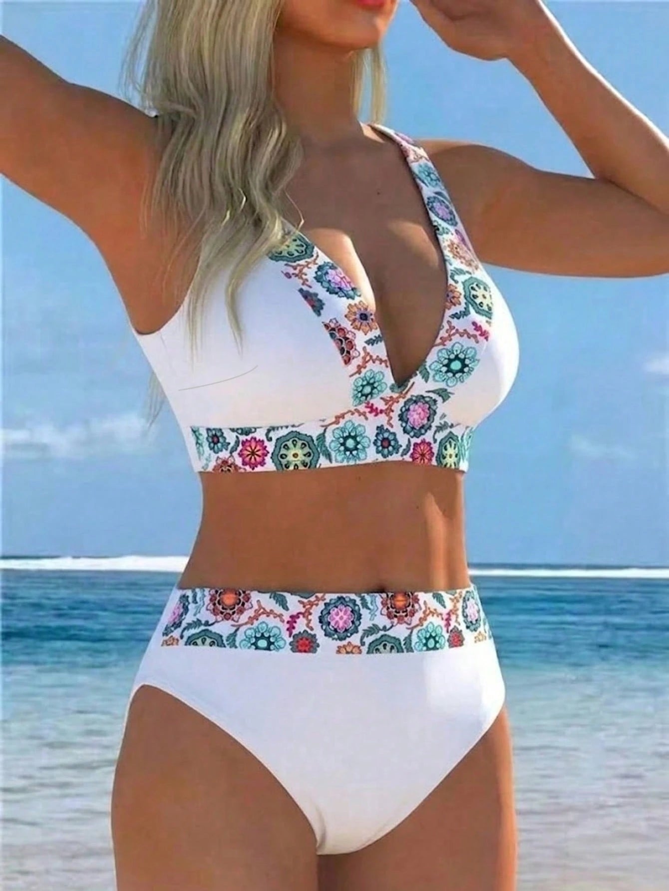 2026 New Women's Floral Trim Two Pieces Bikini Swimwear, Deep V-Neck