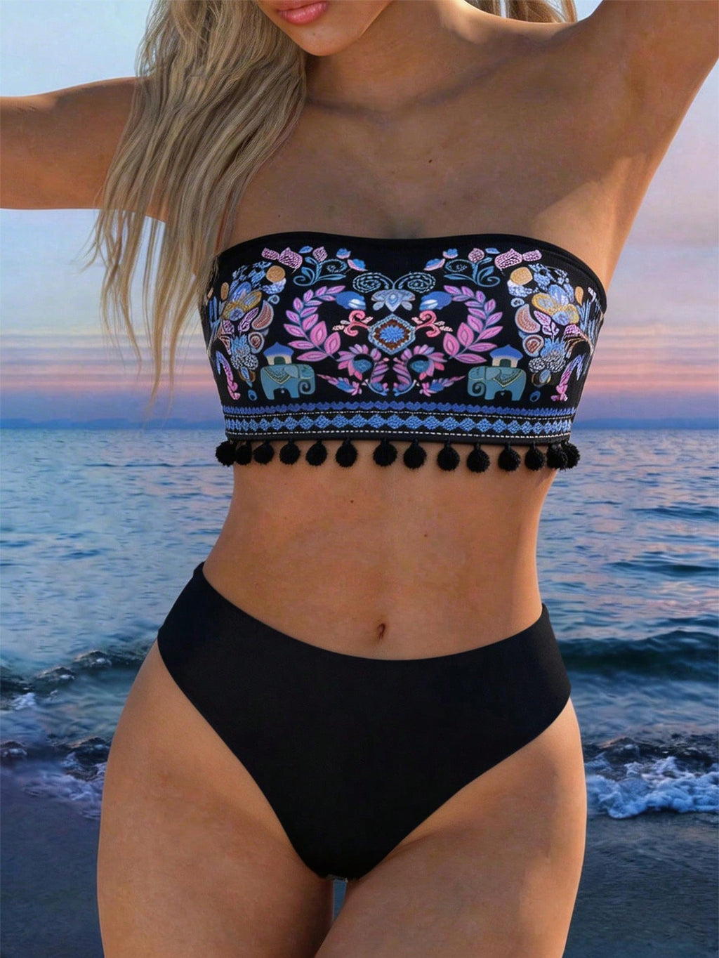 Swim Vcay Women's Black Summer Boho 2 Pieces Bikini Set,Embroidered
