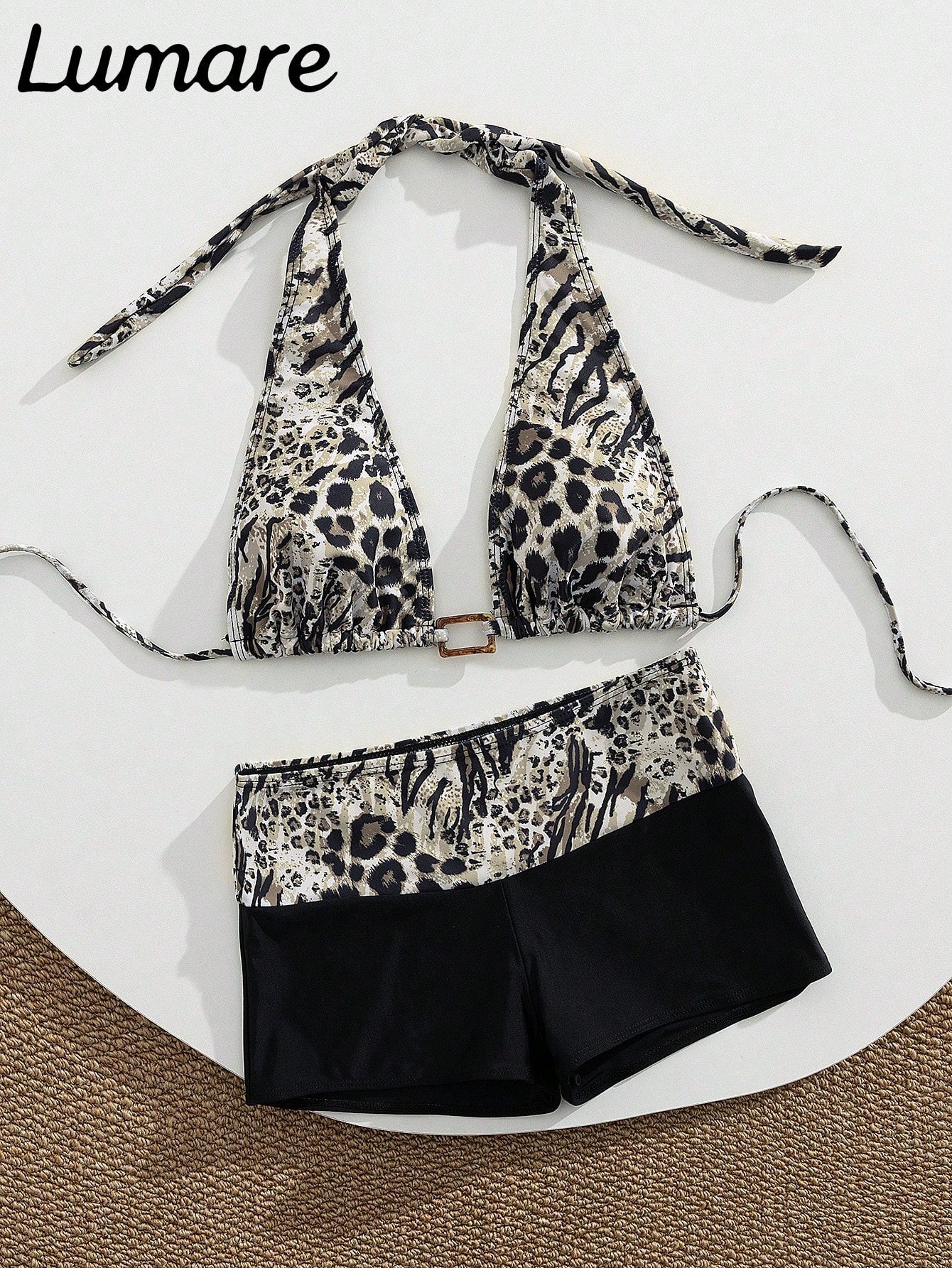 2pcs/Set Sexy Elegant Women's Leopard Print Halter Bikini Top With