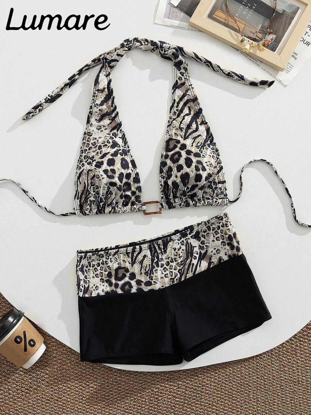 2pcs/Set Sexy Elegant Women's Leopard Print Halter Bikini Top With