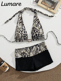 2pcs/Set Sexy Elegant Women's Leopard Print Halter Bikini Top With