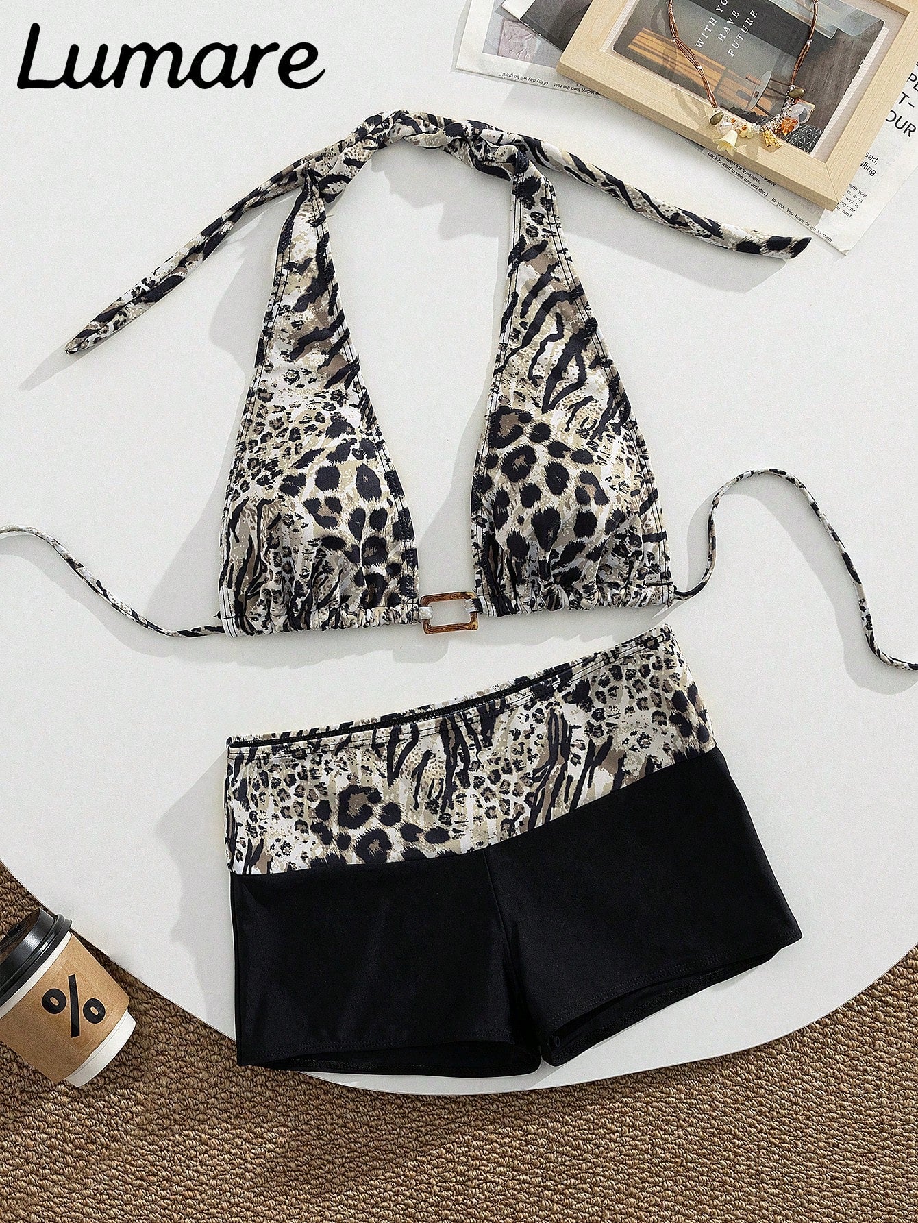 2pcs/Set Sexy Elegant Women's Leopard Print Halter Bikini Top With