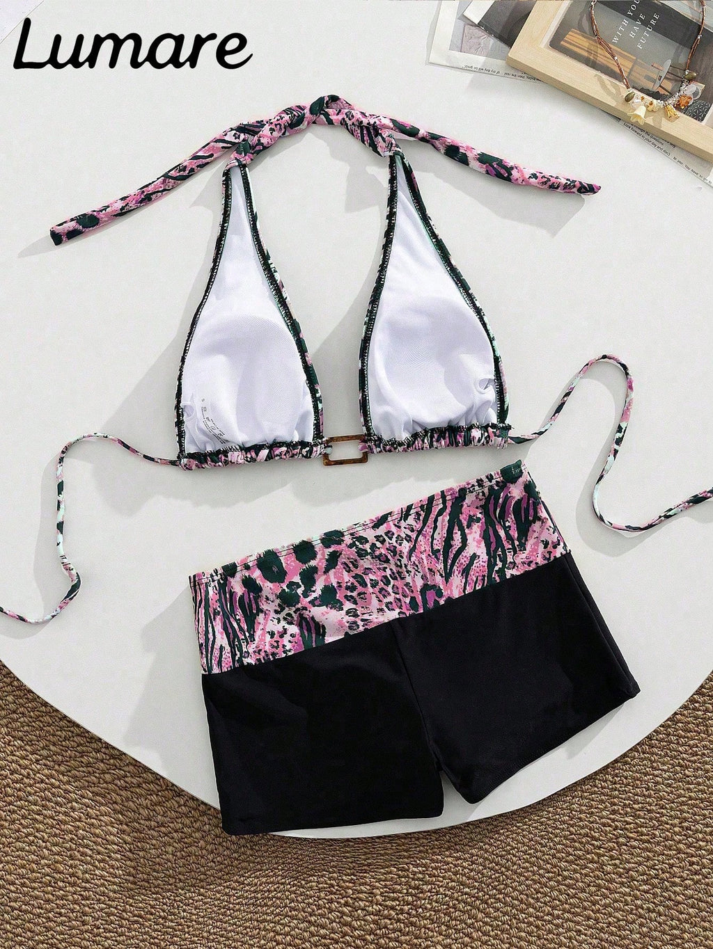 2pcs/Set Sexy Elegant Women's Leopard Print Halter Bikini Top With