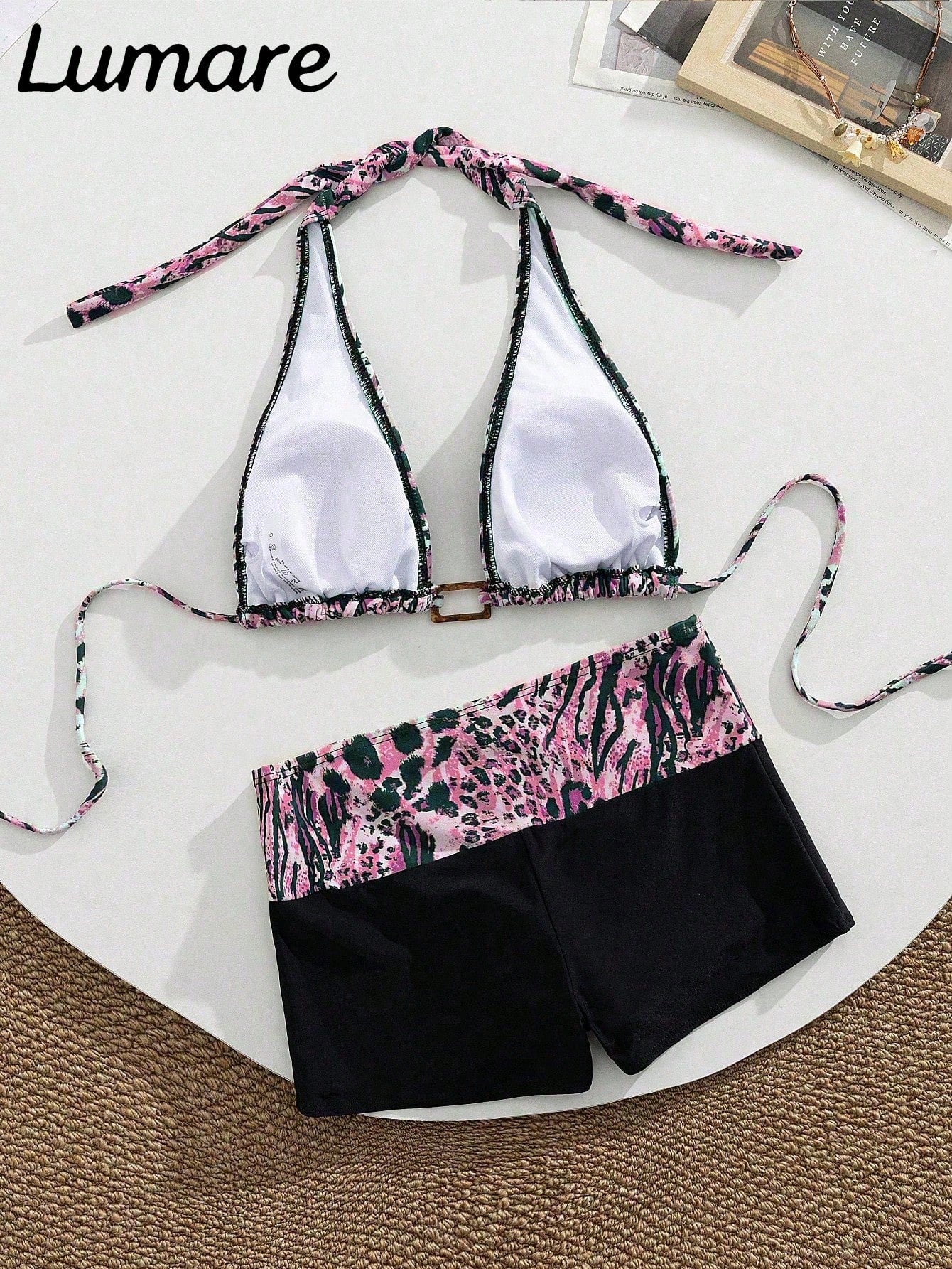 2pcs/Set Sexy Elegant Women's Leopard Print Halter Bikini Top With