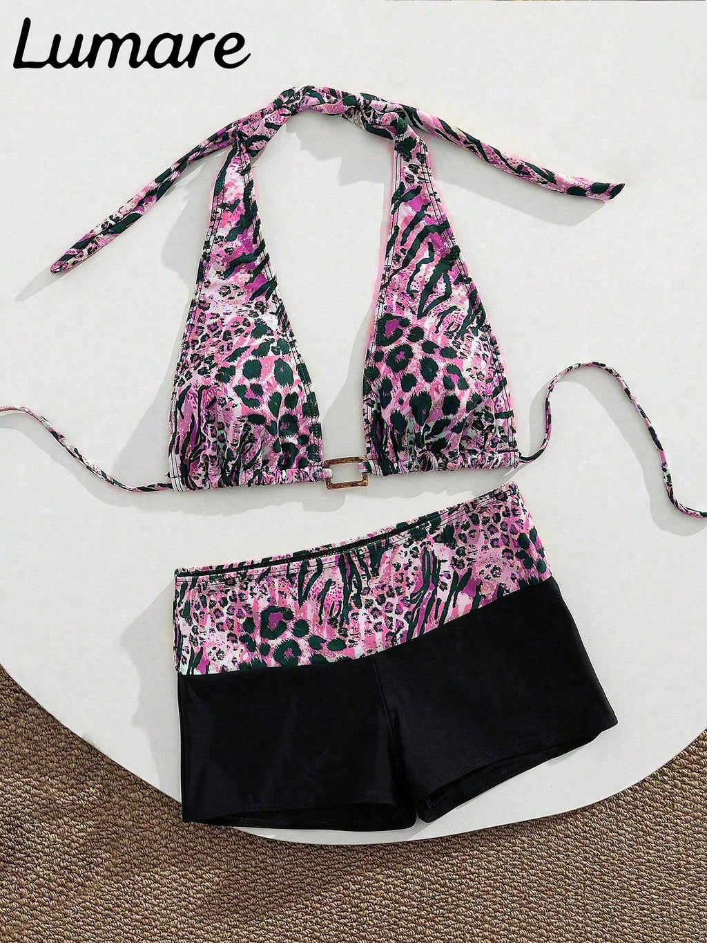2pcs/Set Sexy Elegant Women's Leopard Print Halter Bikini Top With