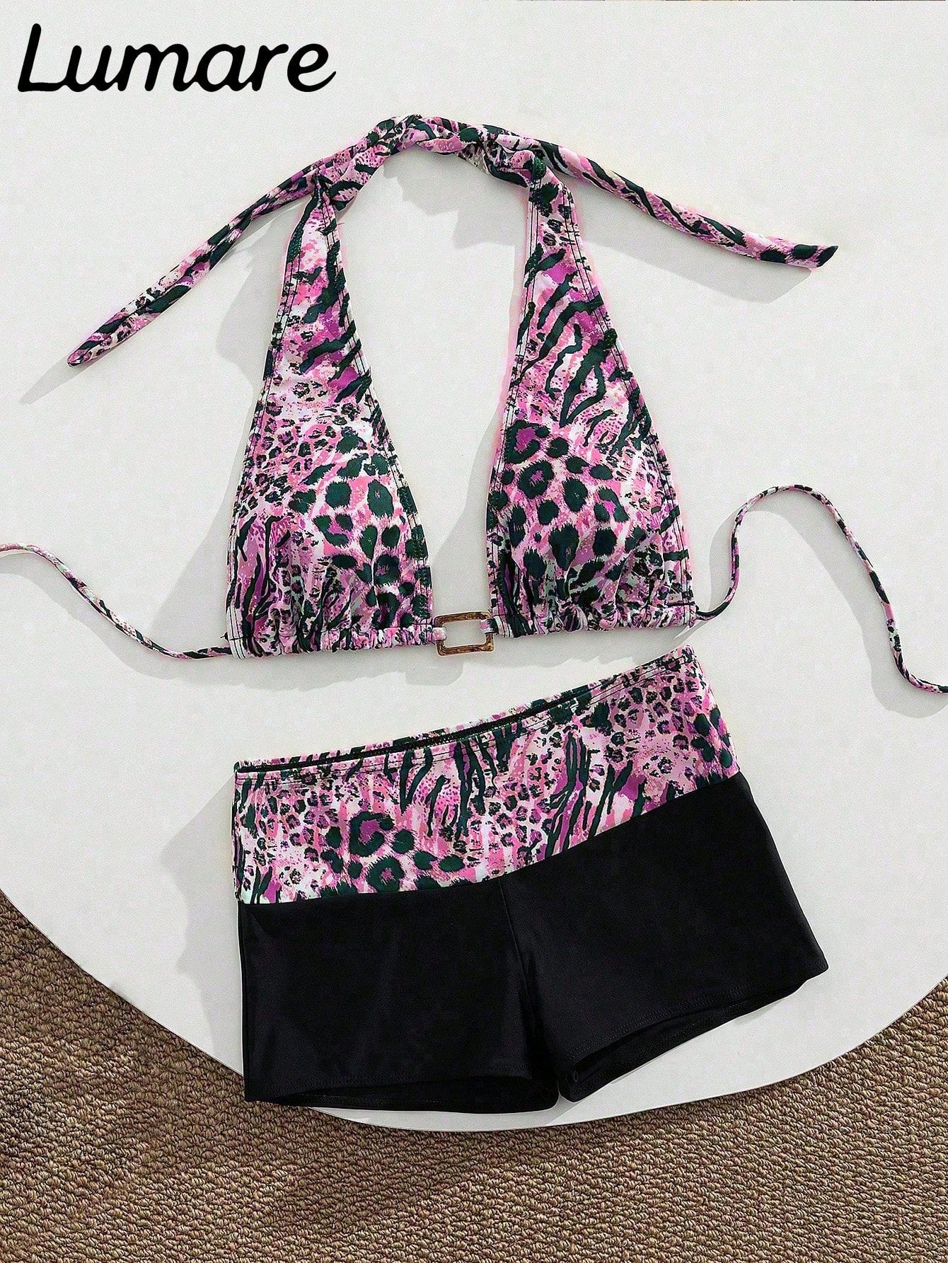 2pcs/Set Sexy Elegant Women's Leopard Print Halter Bikini Top With