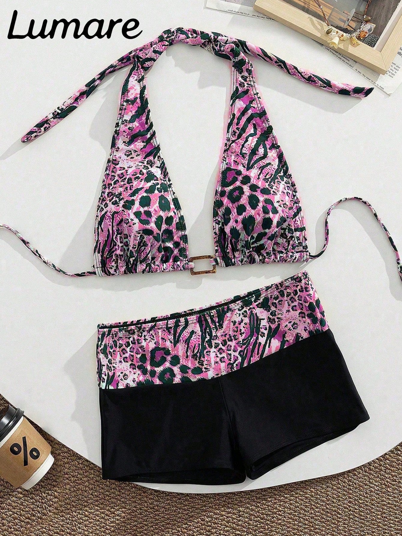 2pcs/Set Sexy Elegant Women's Leopard Print Halter Bikini Top With