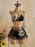 Bellisia New Spring/Summer 3 PiecesBikini Set With Floral Print, Textured Fabric