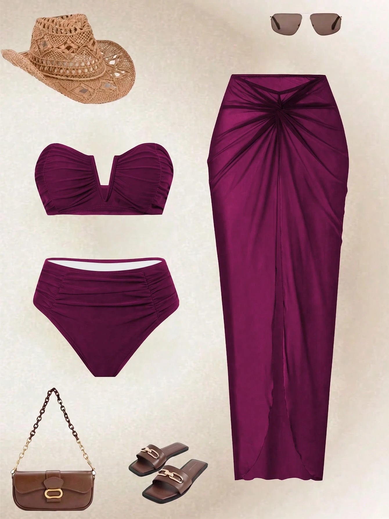 Swim Oasis Women's Pink And Orange Bandeau Swimwear Set With Mesh