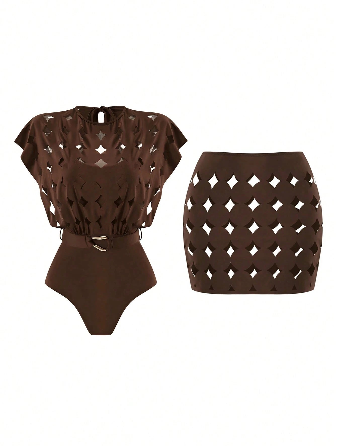 Swim Oasis Hollow-Out Solid Color Round Neck Women's Waist Belt Suit