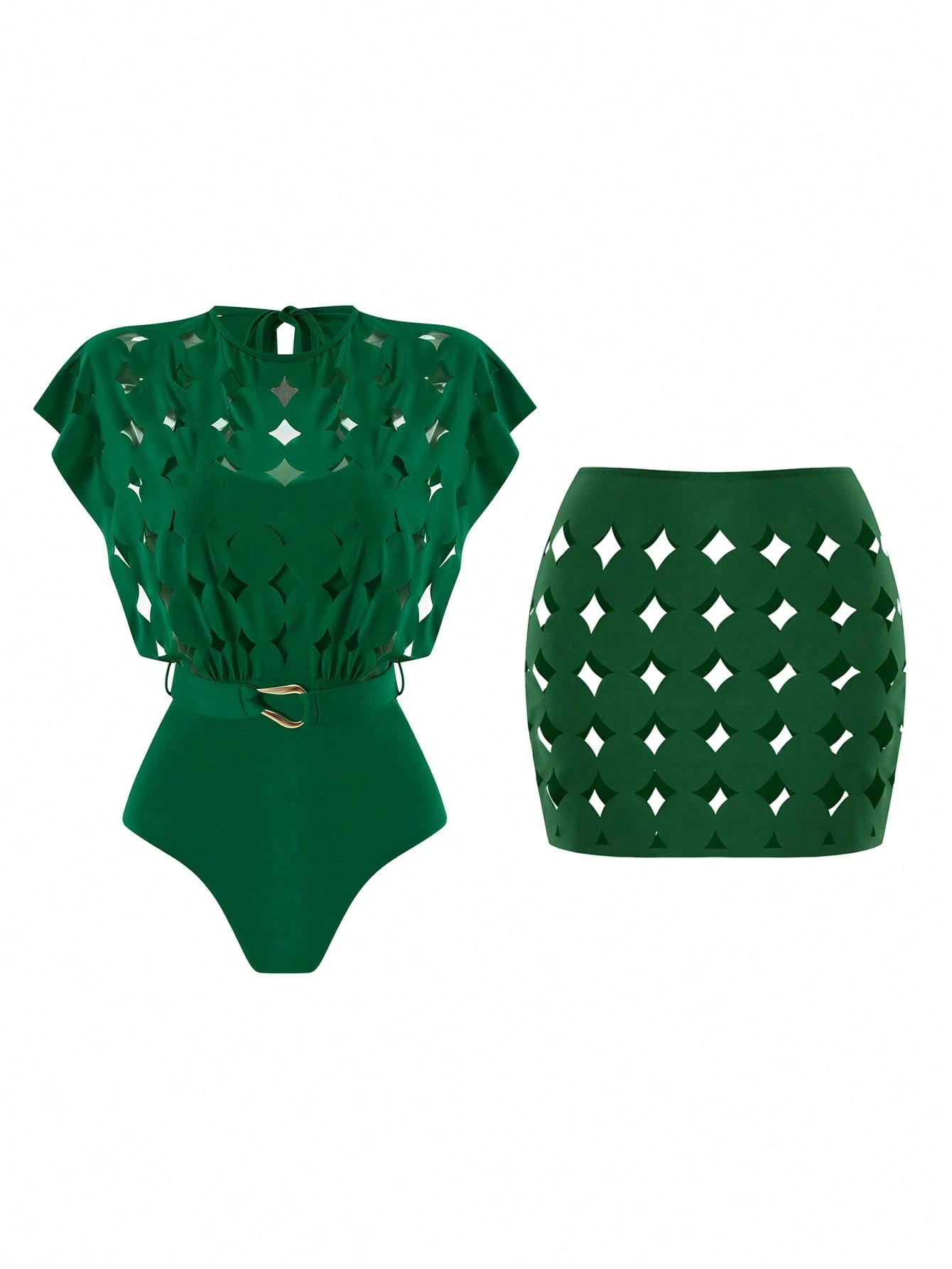 Swim Oasis Hollow-Out Solid Color Round Neck Women's Waist Belt Suit