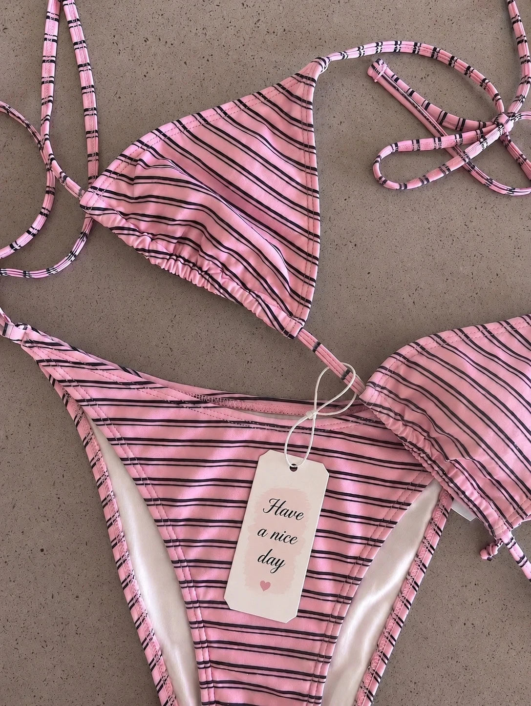Retro Navy Blue & Black Striped Spaghetti Strap Tie Bikini Set, Sexy
