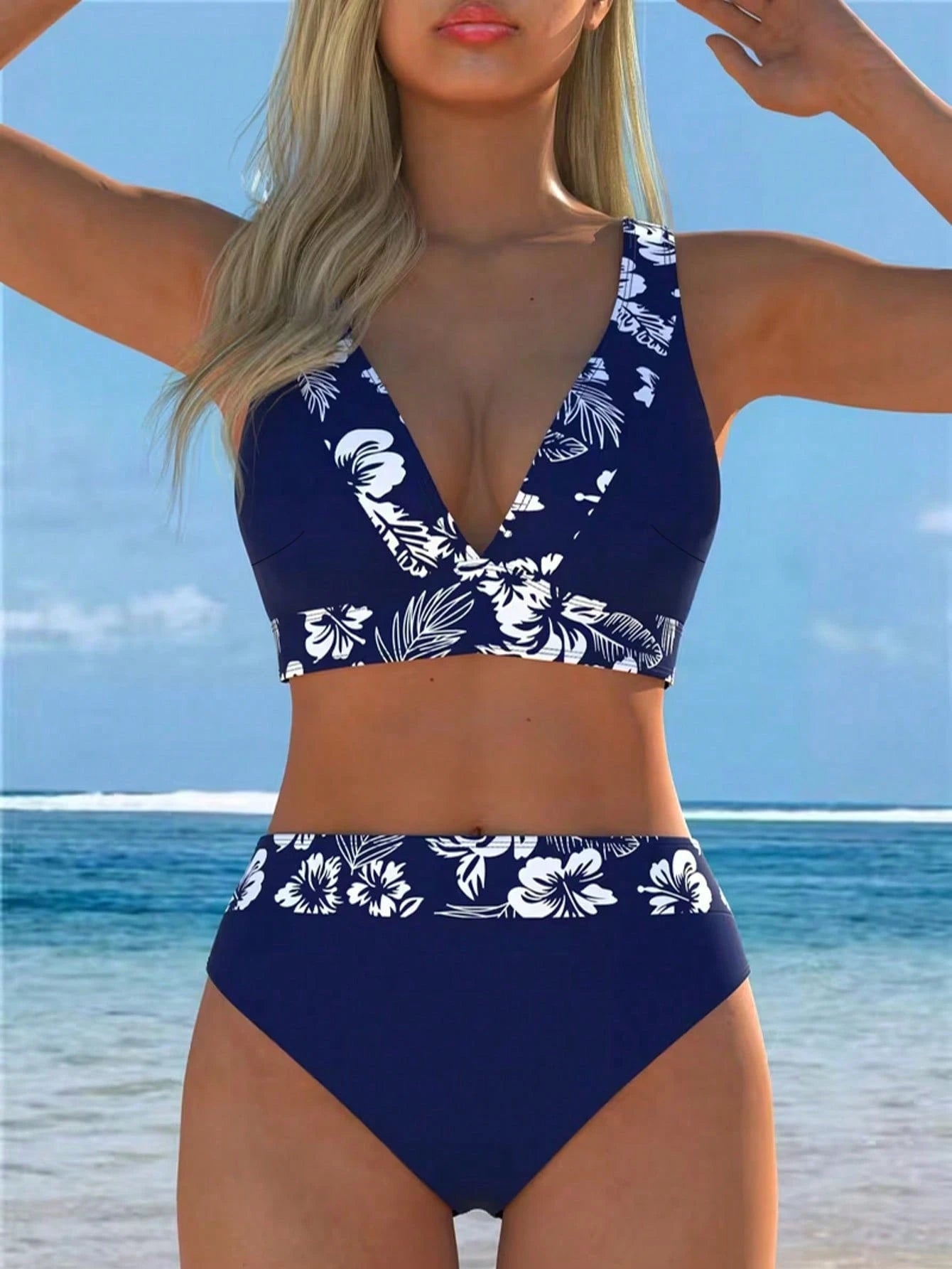 2026 New Women's Floral Trim Two Pieces Bikini Swimwear, Deep V-Neck