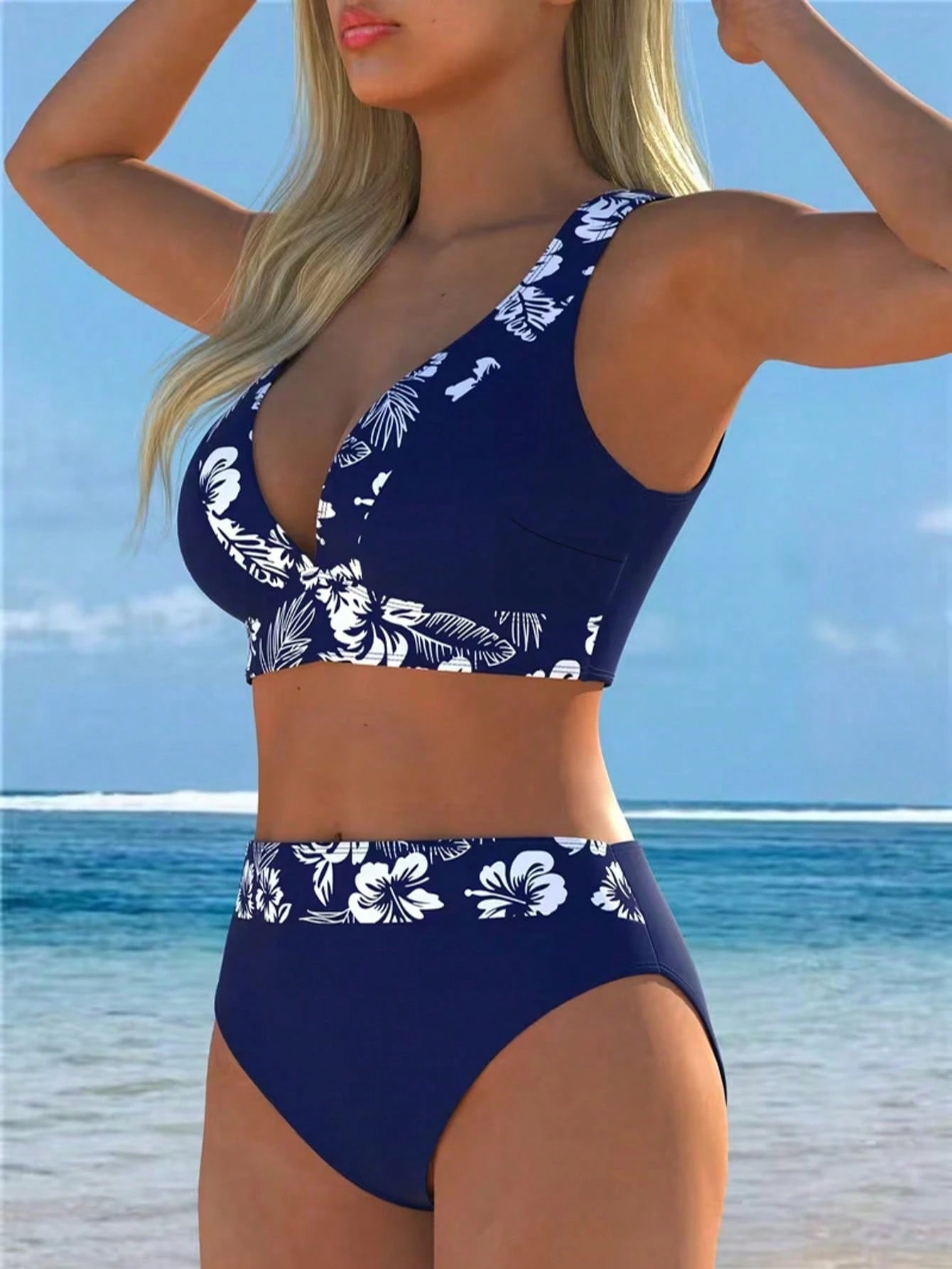 2026 New Women's Floral Trim Two Pieces Bikini Swimwear, Deep V-Neck