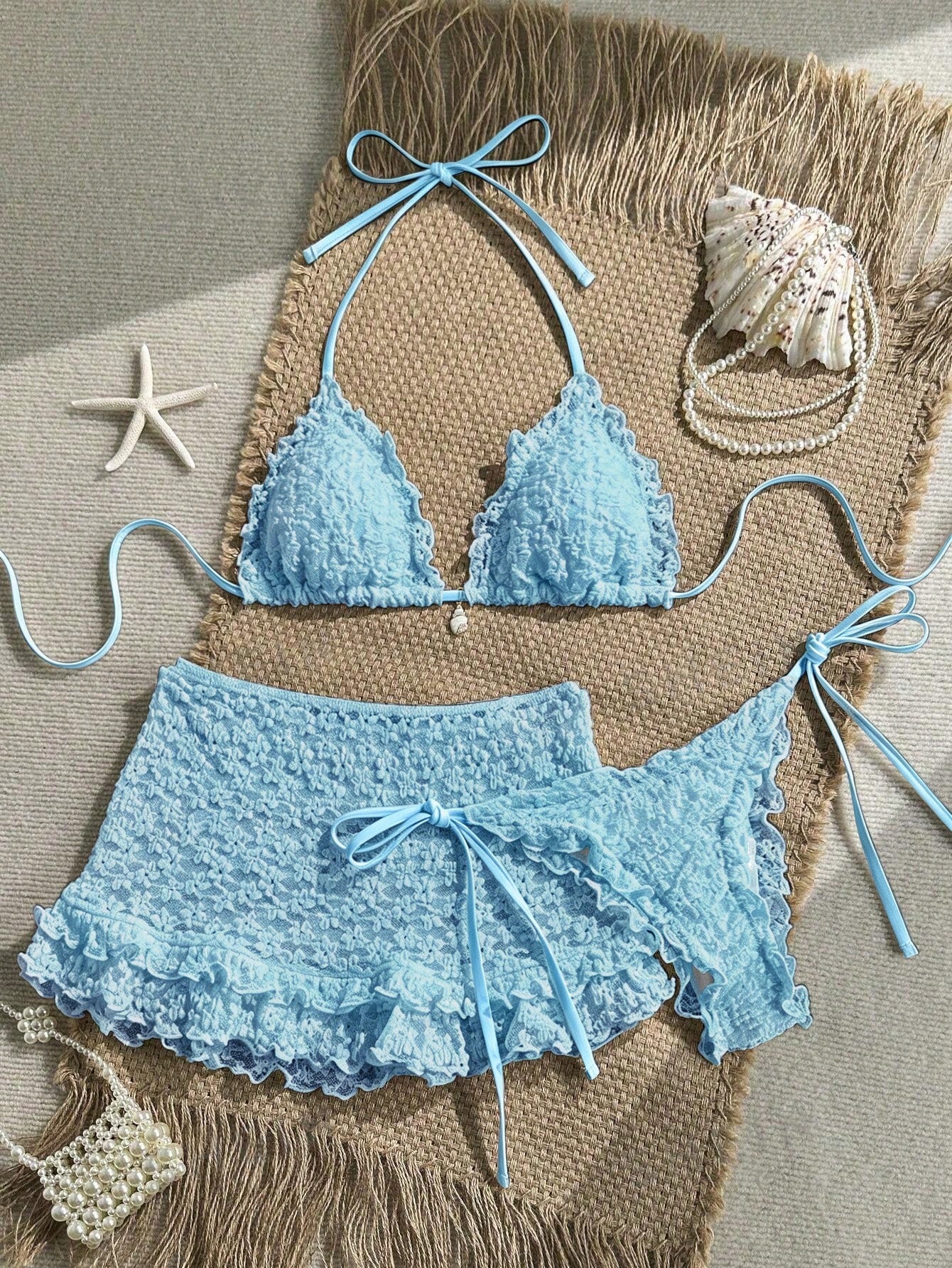 Swim Mod 3-Piece Set Pistachio Green Floral Textured Pearl Seashell