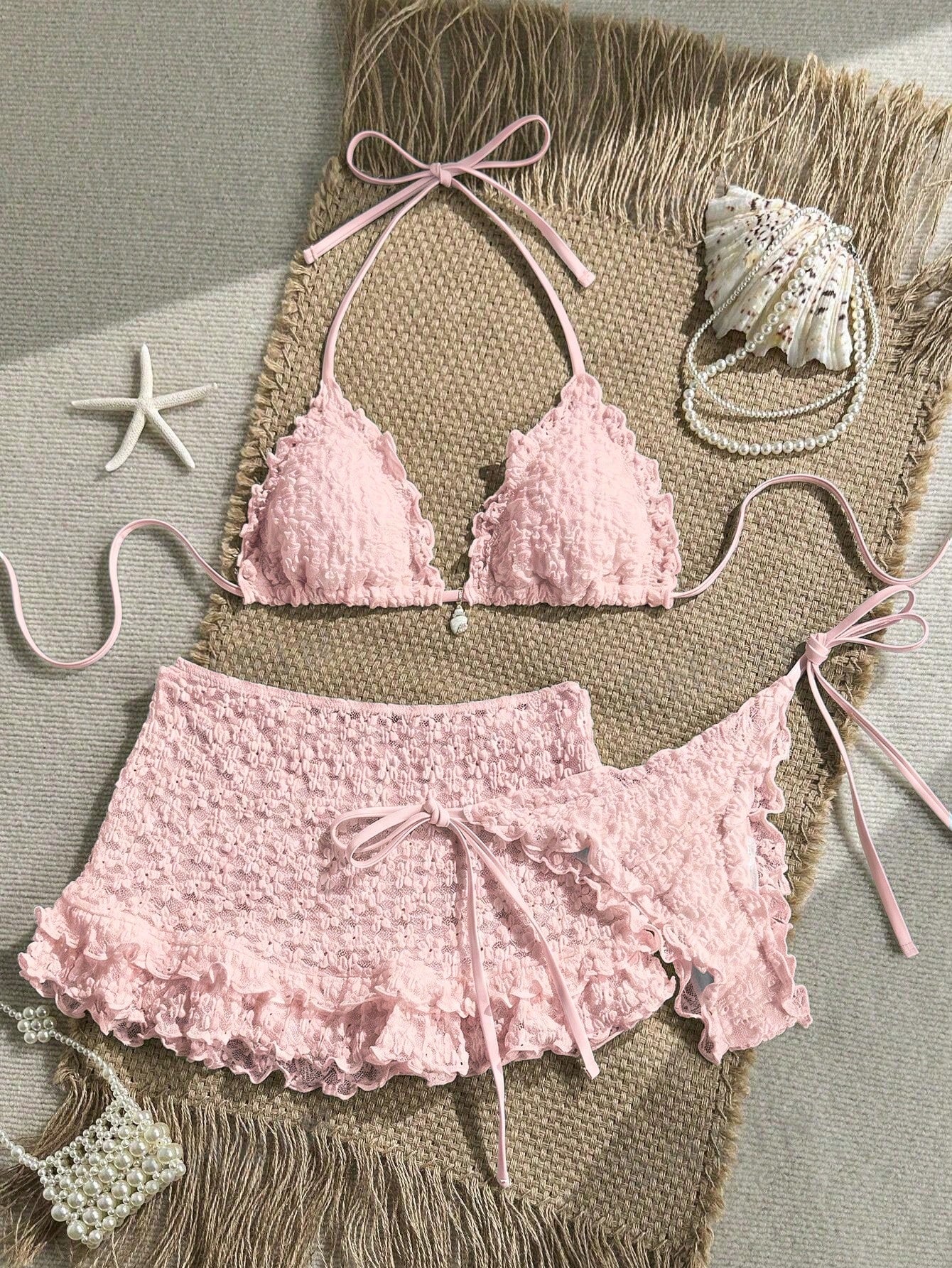 Swim Mod 3-Piece Set Pistachio Green Floral Textured Pearl Seashell