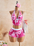 Bellisia Women Pink Floral Print Colorblock 2-Piece Set,Boho Summer