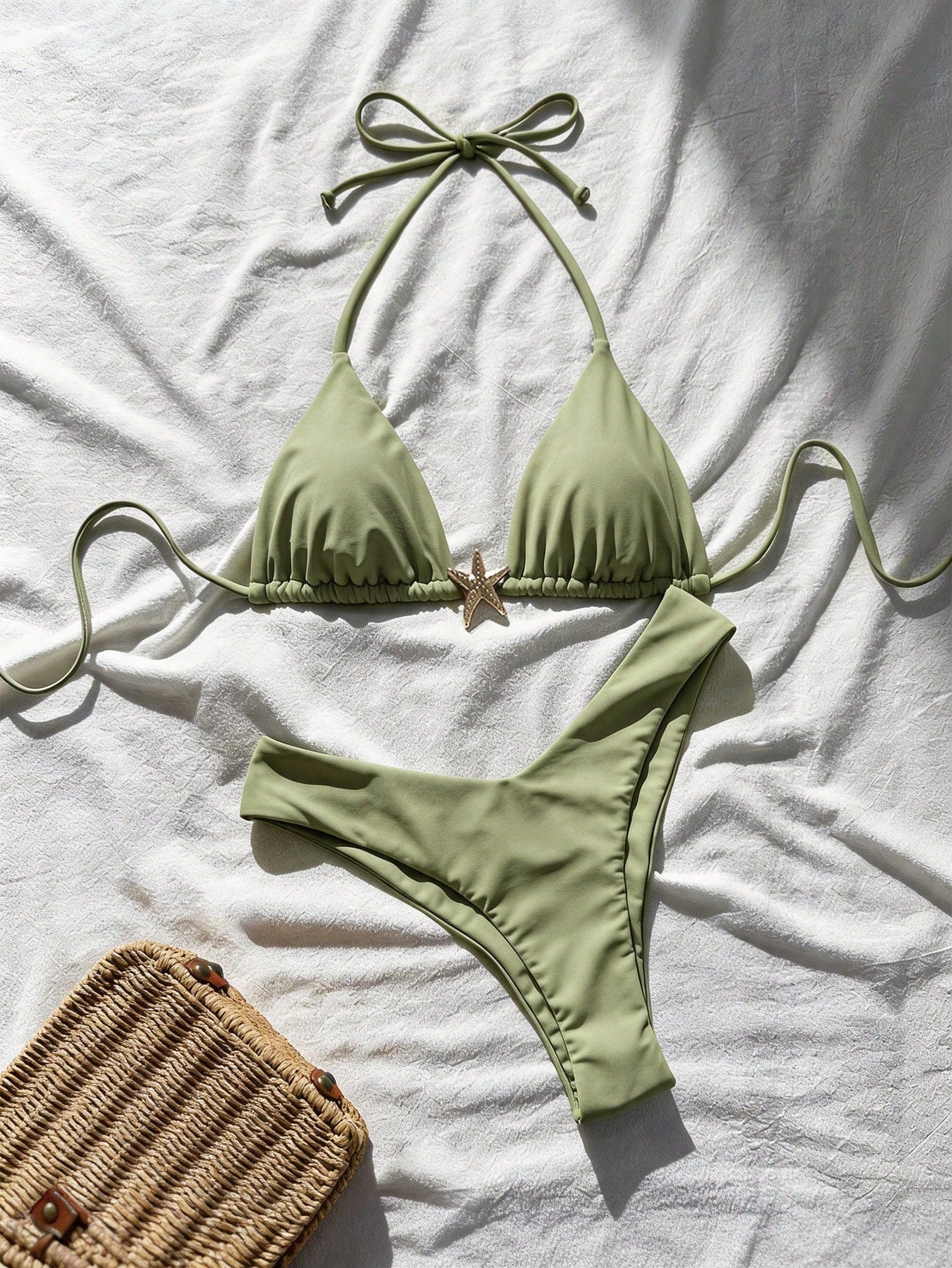 Swim Mod Women's Solid Color Metal Decor Spaghetti Strap Sexy Bikini
