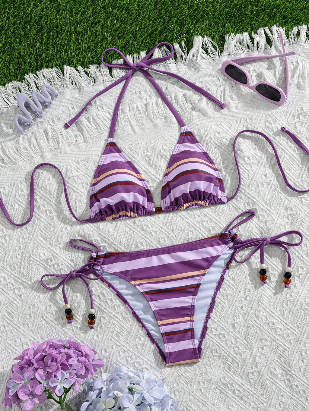Swim Vcay Summer Vacation Sexy Striped Beaded Halter Backless