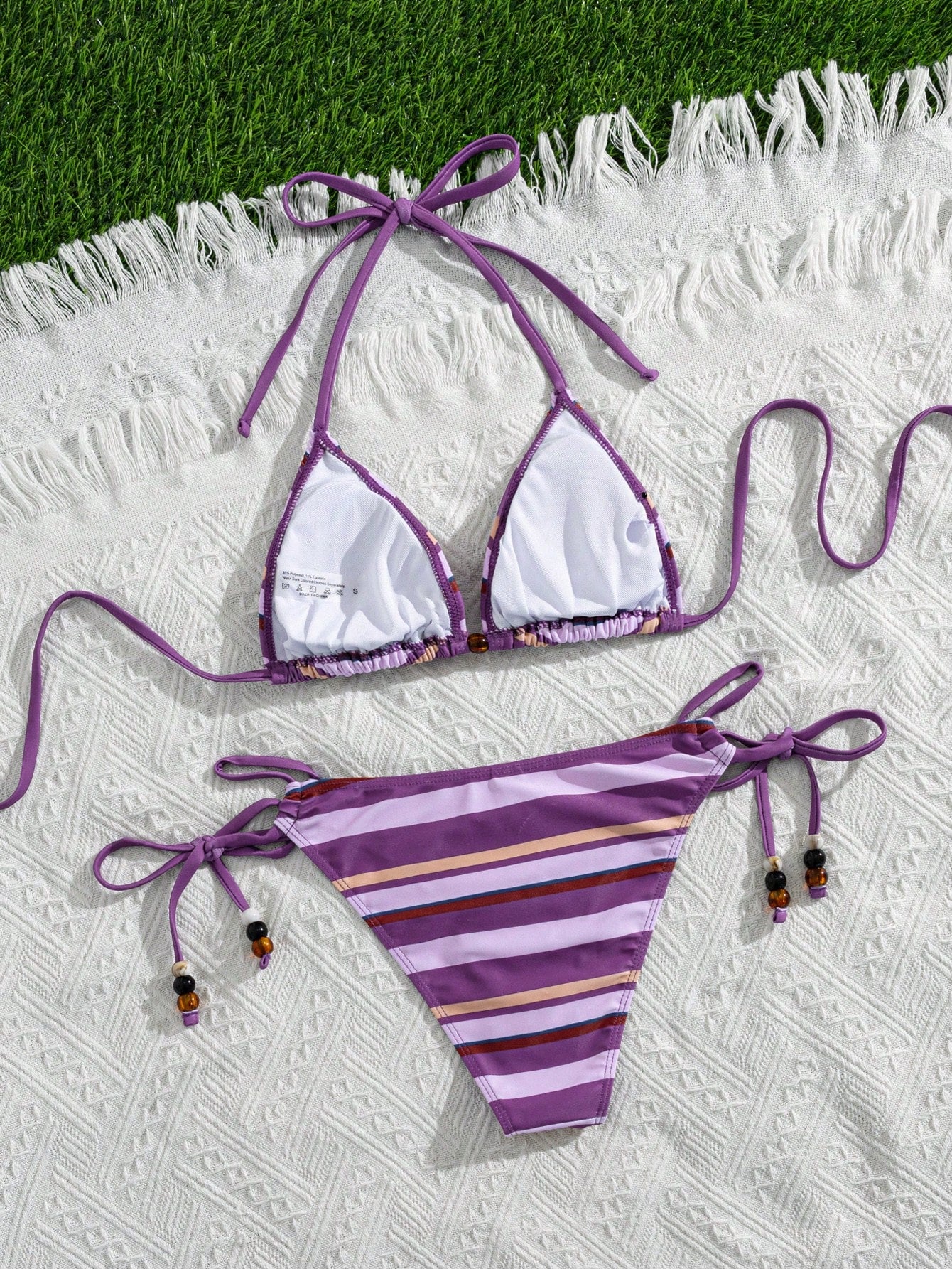 Swim Vcay Summer Vacation Sexy Striped Beaded Halter Backless