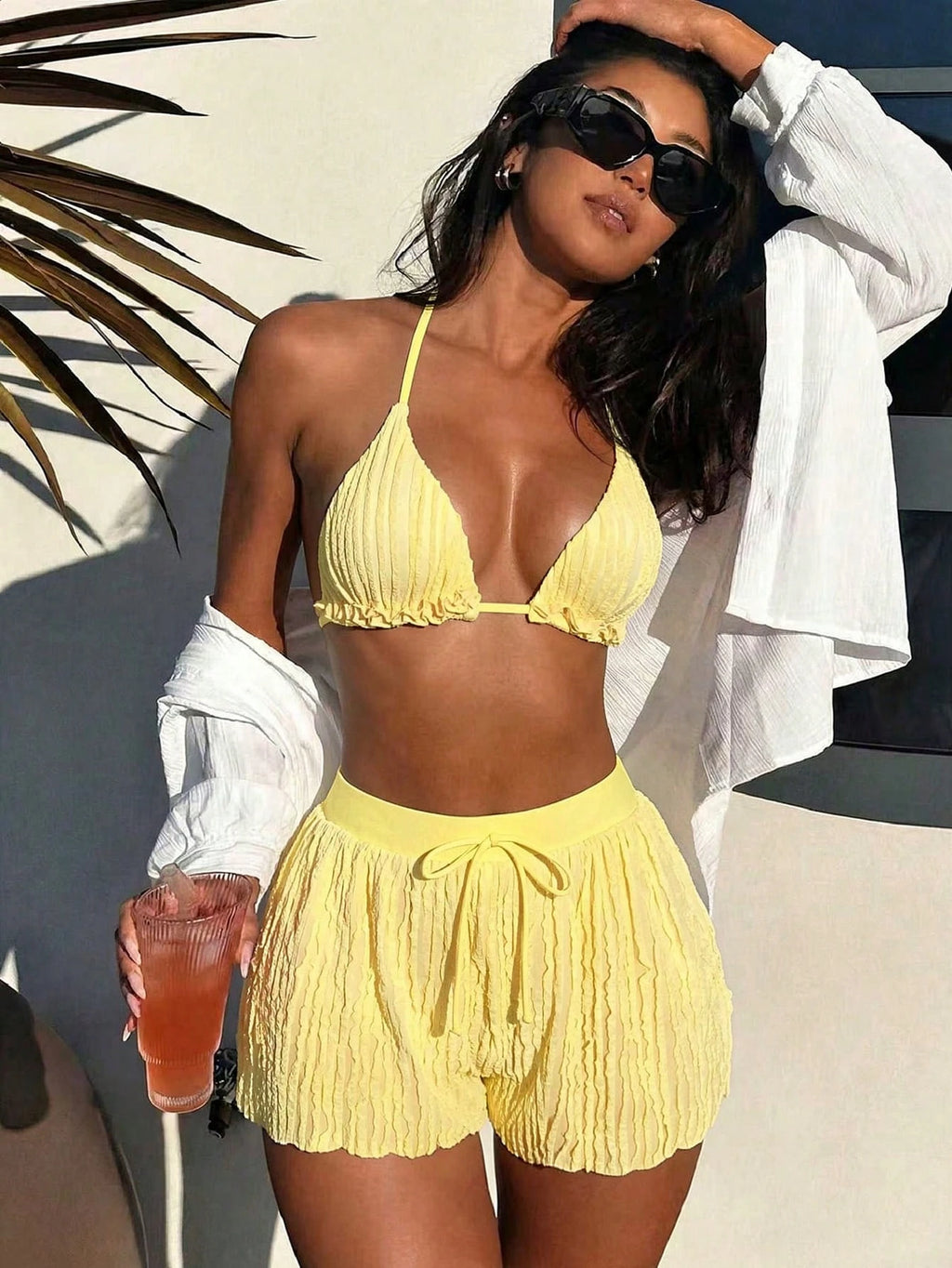 Swim Vcay Women Summer Beach Solid Frill Trim Halter Neck Simple And Stylish Bik