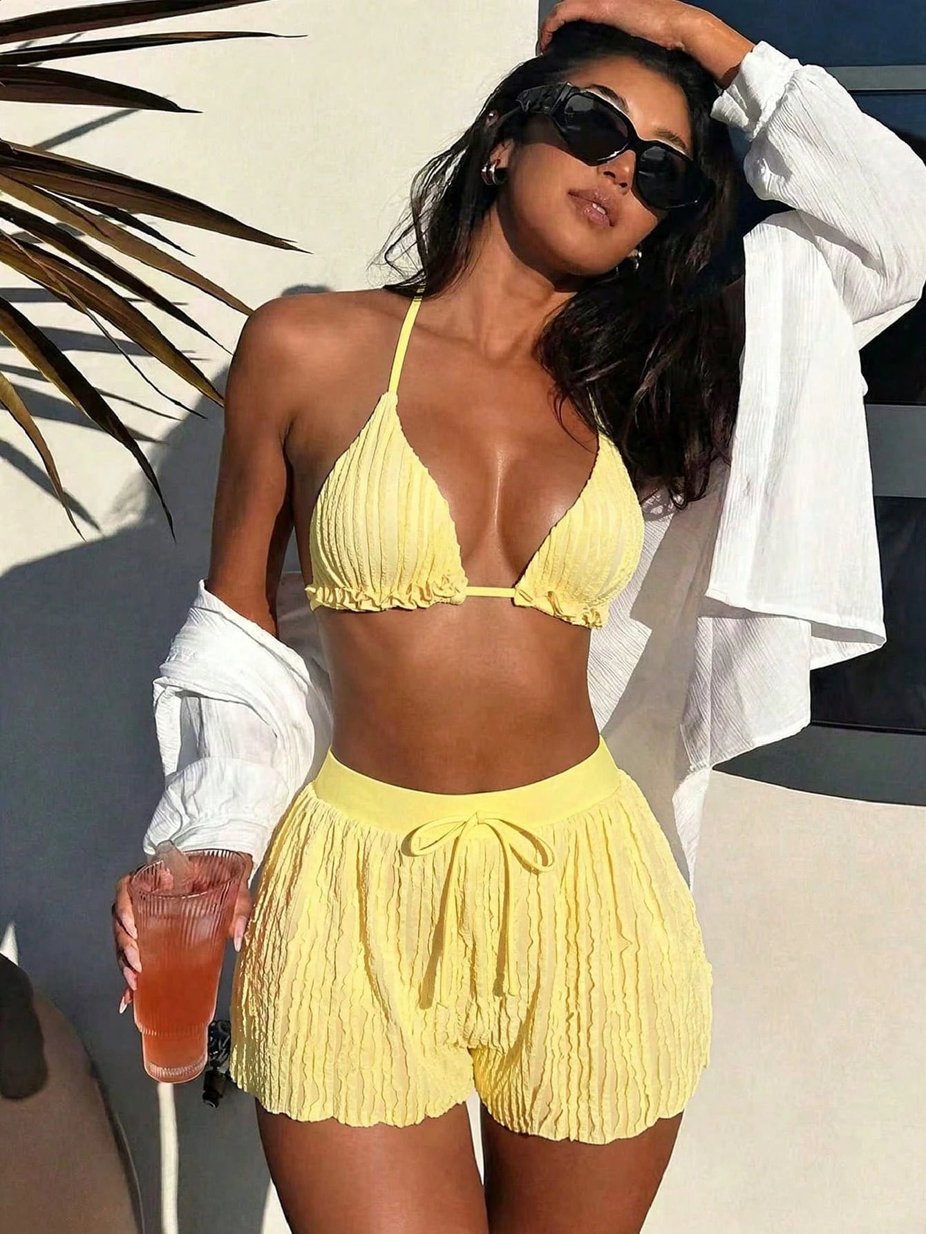 Swim Vcay Women Summer Beach Solid Frill Trim Halter Neck Simple And Stylish Bik