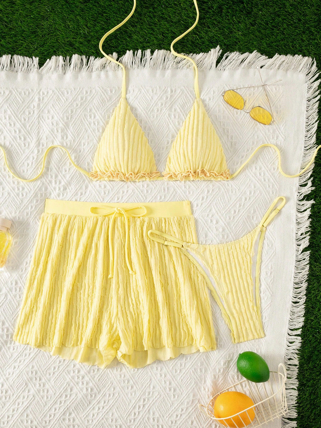 Swim Vcay Women Summer Beach Solid Frill Trim Halter Neck Simple And Stylish Bik