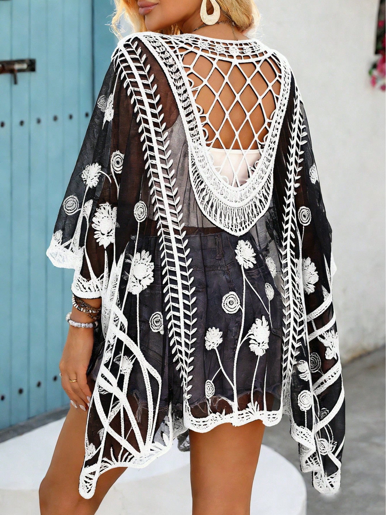 1pc Patchwork Diamond Grid Striped Bohemian Casual Elegant Knit
