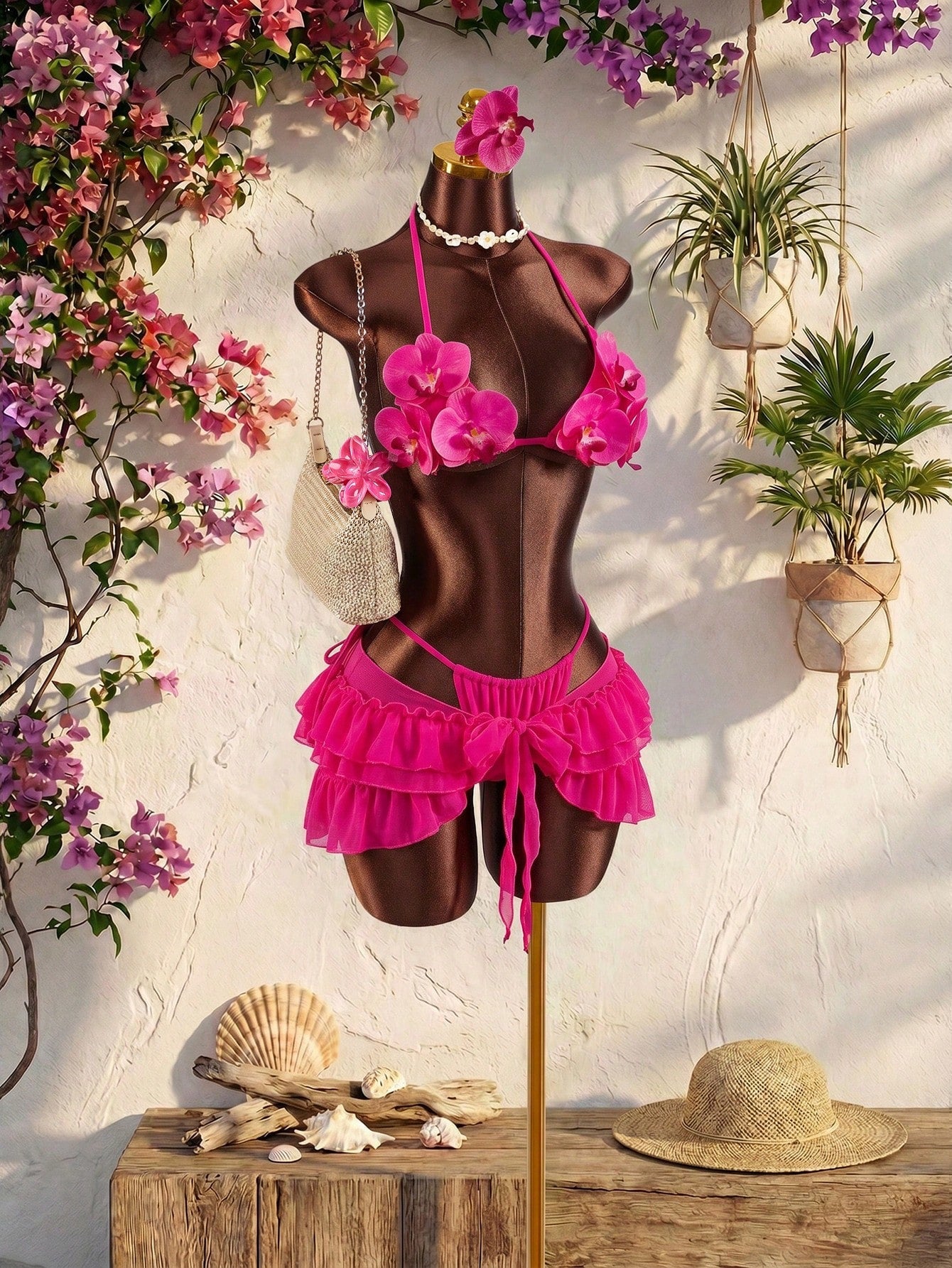 Amplova Women's 3-Piece Swimwear Set With 3D Floral Butterfly Orchid