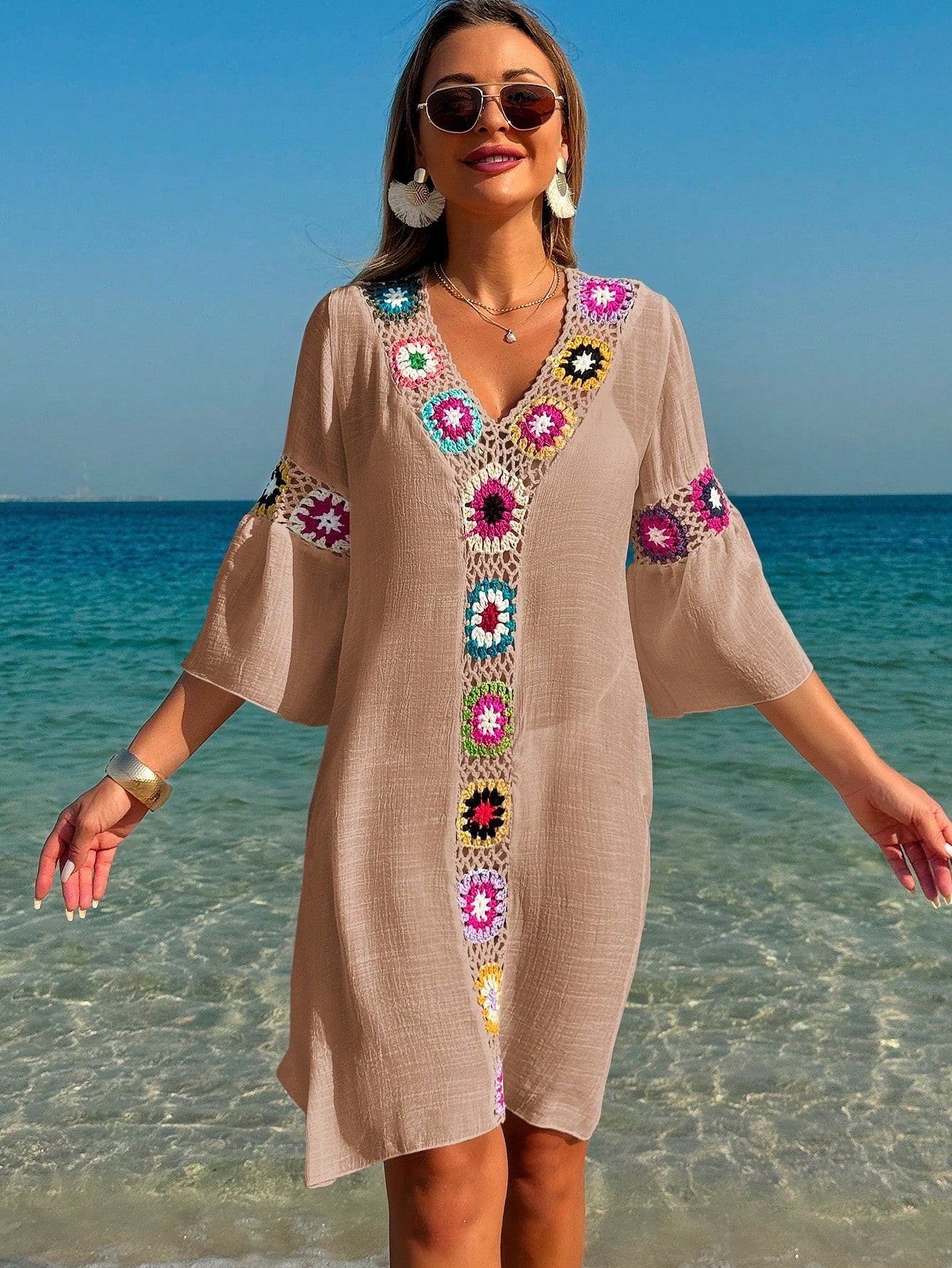 Swim Lushoire Women's V-Neck 3/4 Sleeve Crochet Floral Random Color