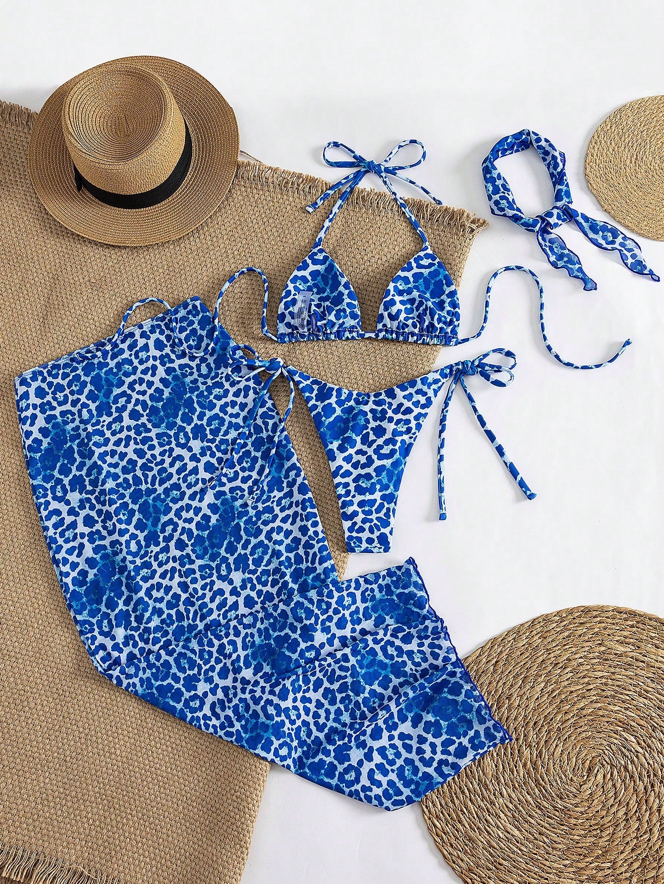 4pcs Women's Leopard Print Bikini Set With Chiffon Cover-Up And Headscarf