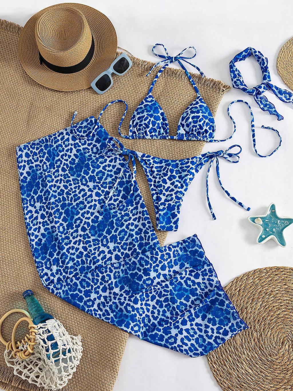 4pcs Women's Leopard Print Bikini Set With Chiffon Cover-Up And Headscarf