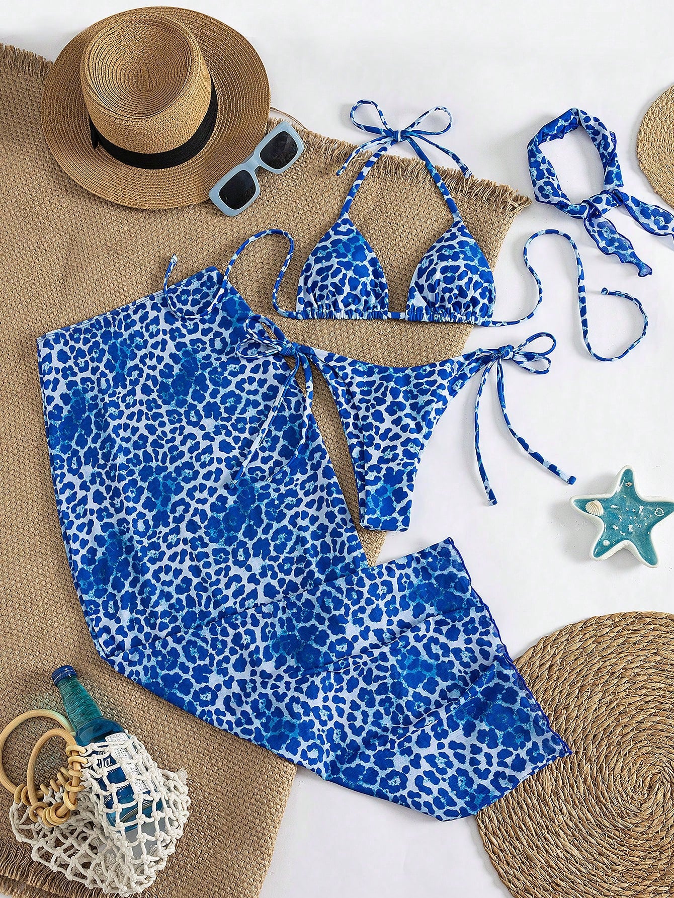 4pcs Women's Leopard Print Bikini Set With Chiffon Cover-Up And Headscarf
