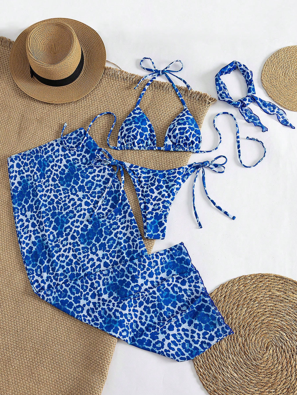 4pcs Women's Leopard Print Bikini Set With Chiffon Cover-Up And Headscarf