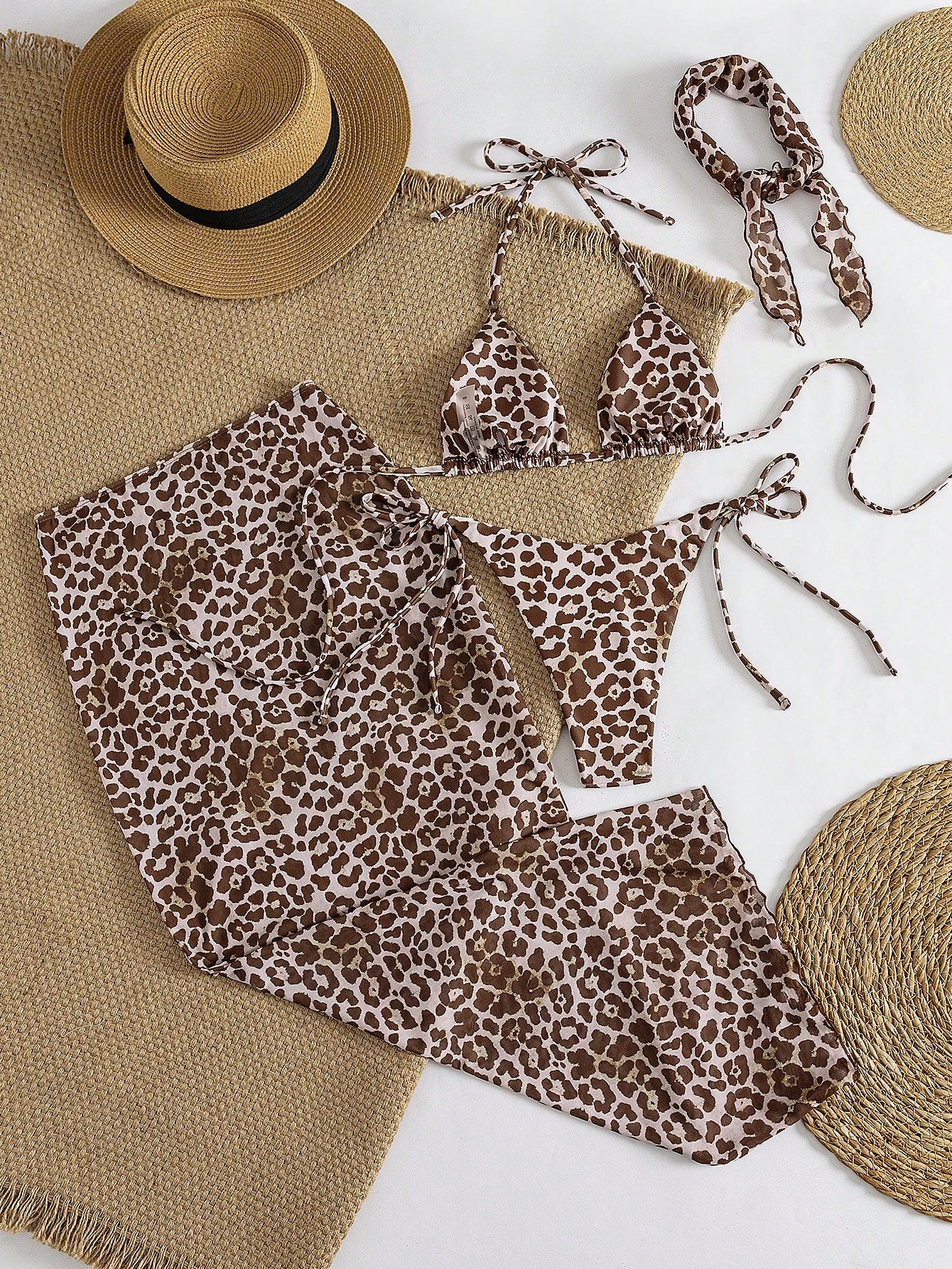 4pcs Women's Leopard Print Bikini Set With Chiffon Cover-Up And Headscarf