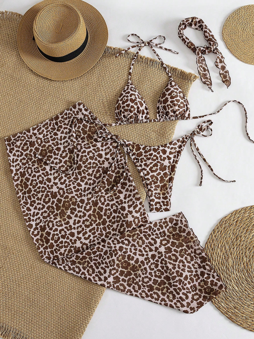4pcs Women's Leopard Print Bikini Set With Chiffon Cover-Up And Headscarf