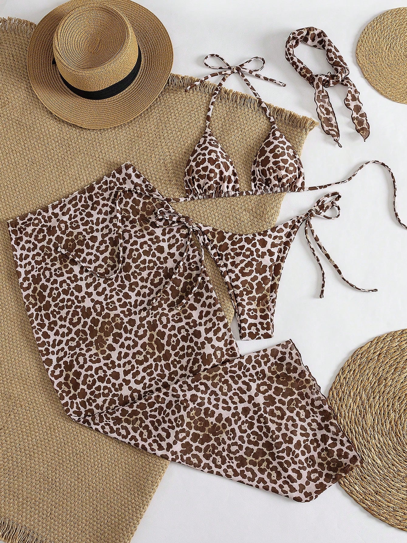 4pcs Women's Leopard Print Bikini Set With Chiffon Cover-Up And Headscarf
