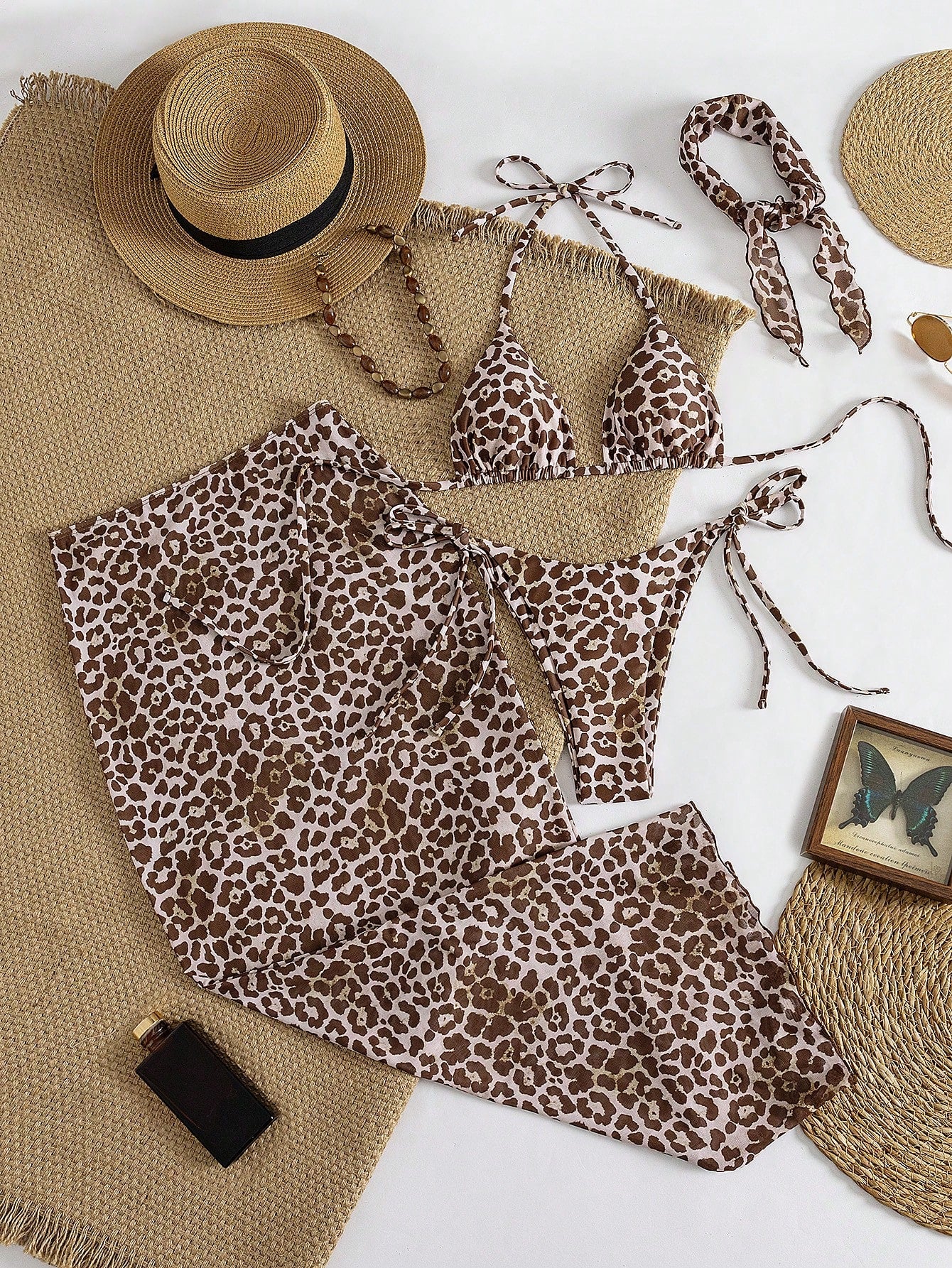 4pcs Women's Leopard Print Bikini Set With Chiffon Cover-Up And Headscarf