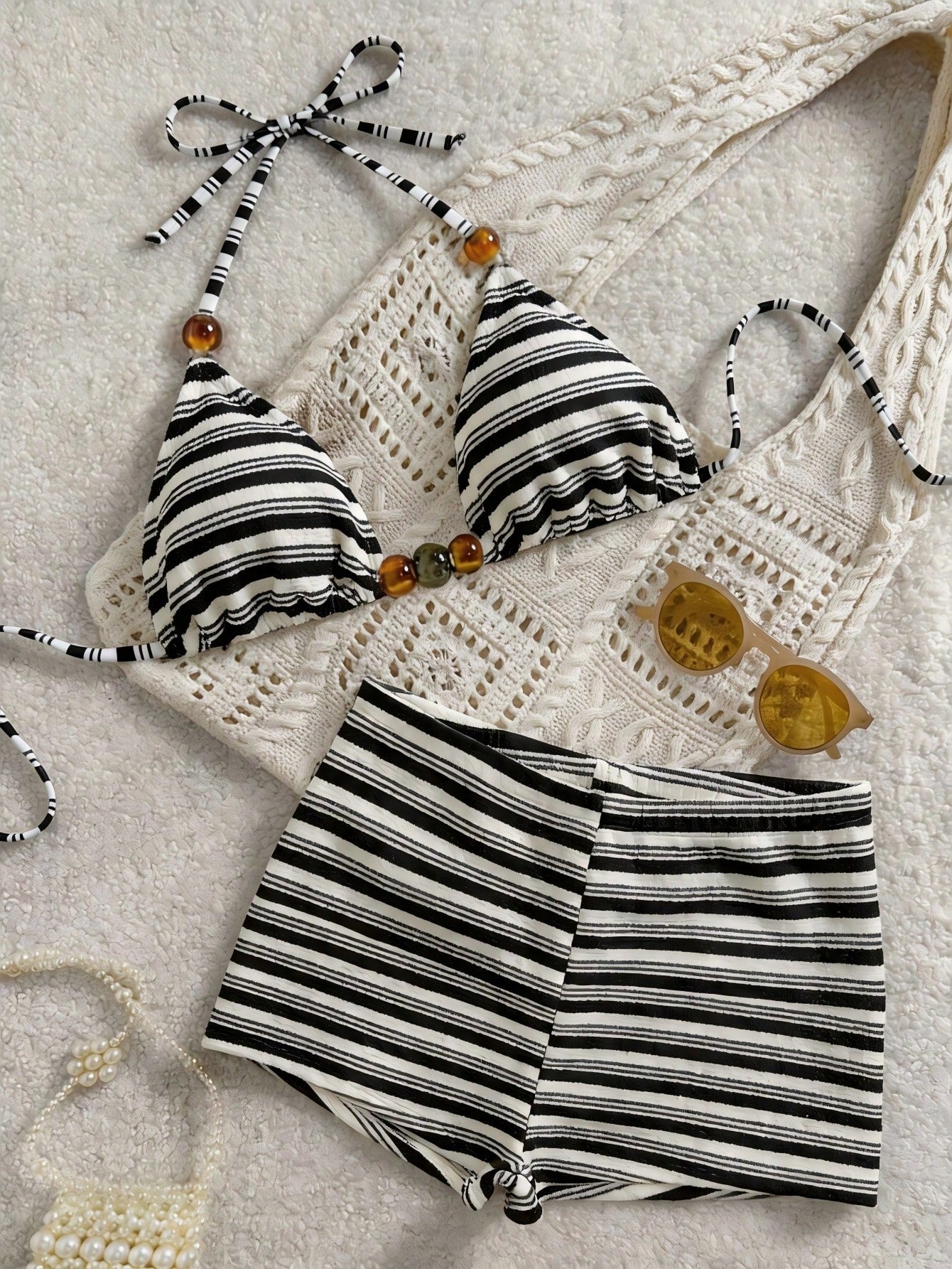 Swim Vcay Women's Summer Casual Cute 2 Pieces Beachwear Set, Resin Bead Decor Triangle Bikini Top And Shorts,