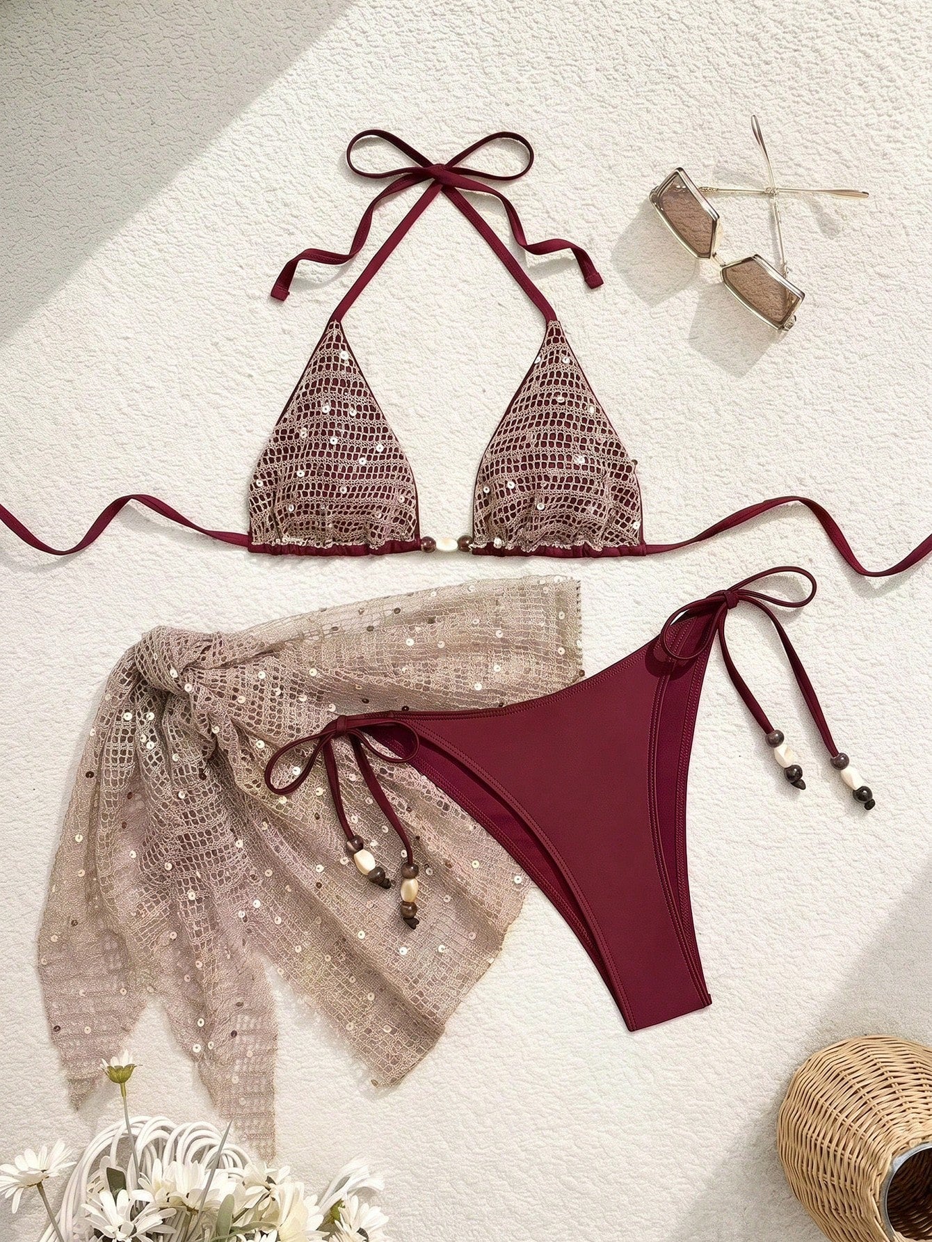 Swim Vcay 3pcs/Set Spaghetti Strap Halter Bikini,Beaded Sequin