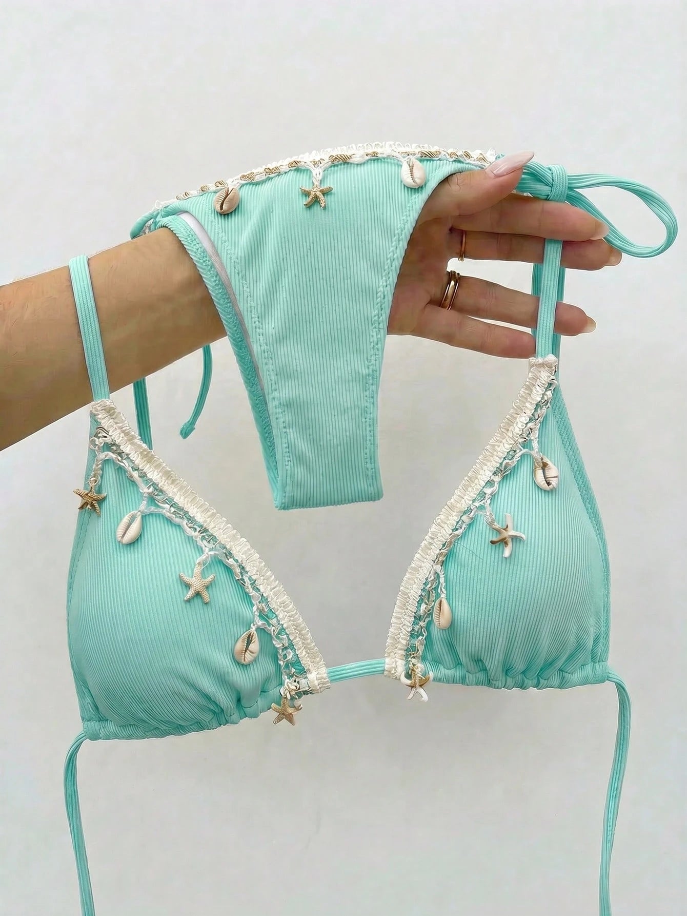 Bikinx Women's Solid Color Satin Ribbon & Shell Decor Triangle Cup
